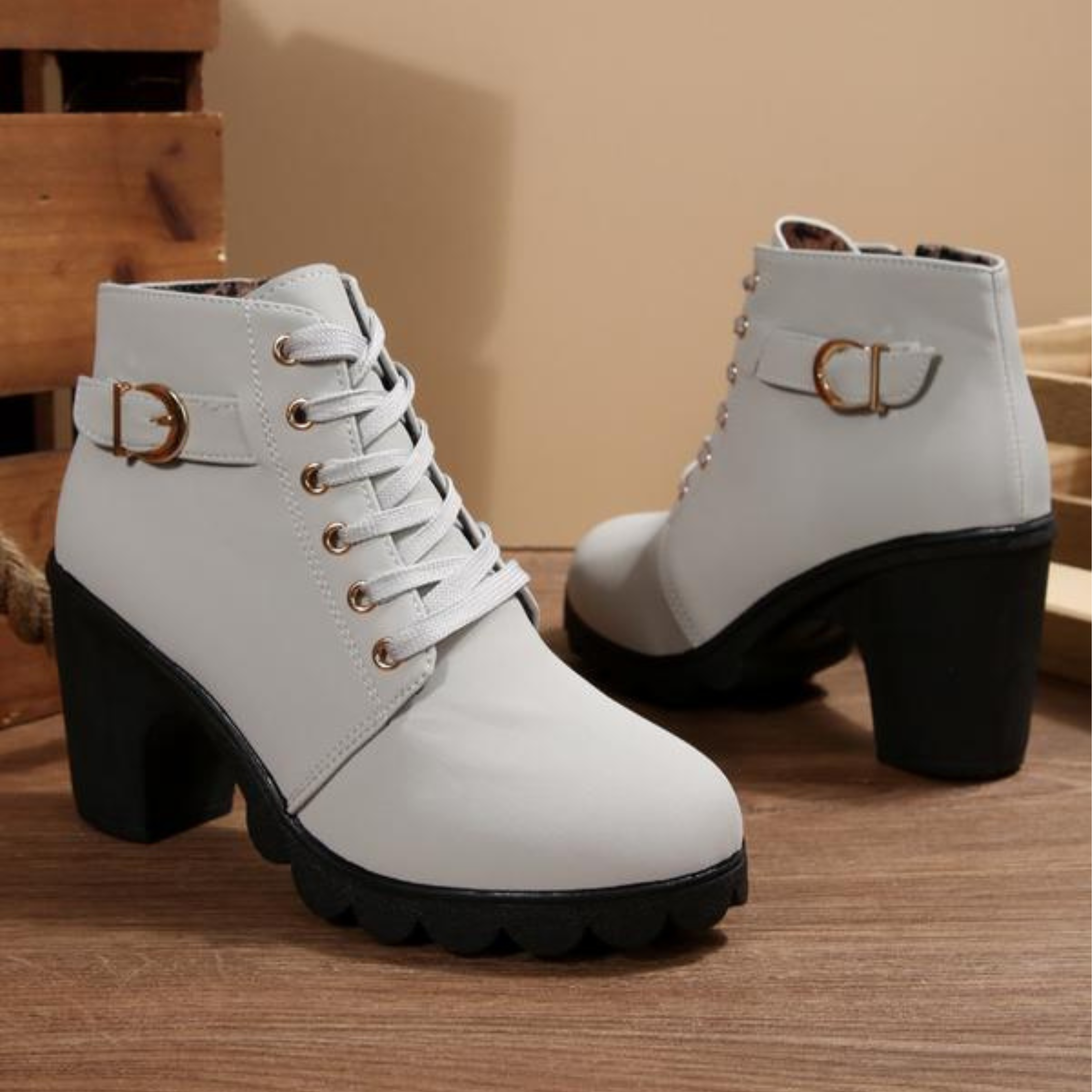 Katni - Chic Lace-Up Metal Buckle Chunky Ankle Boots