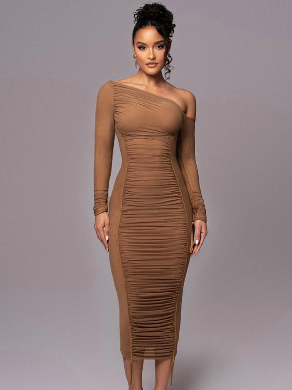 Margaret - Striped Ruched Asymmetrical Neck Bodycon Dress