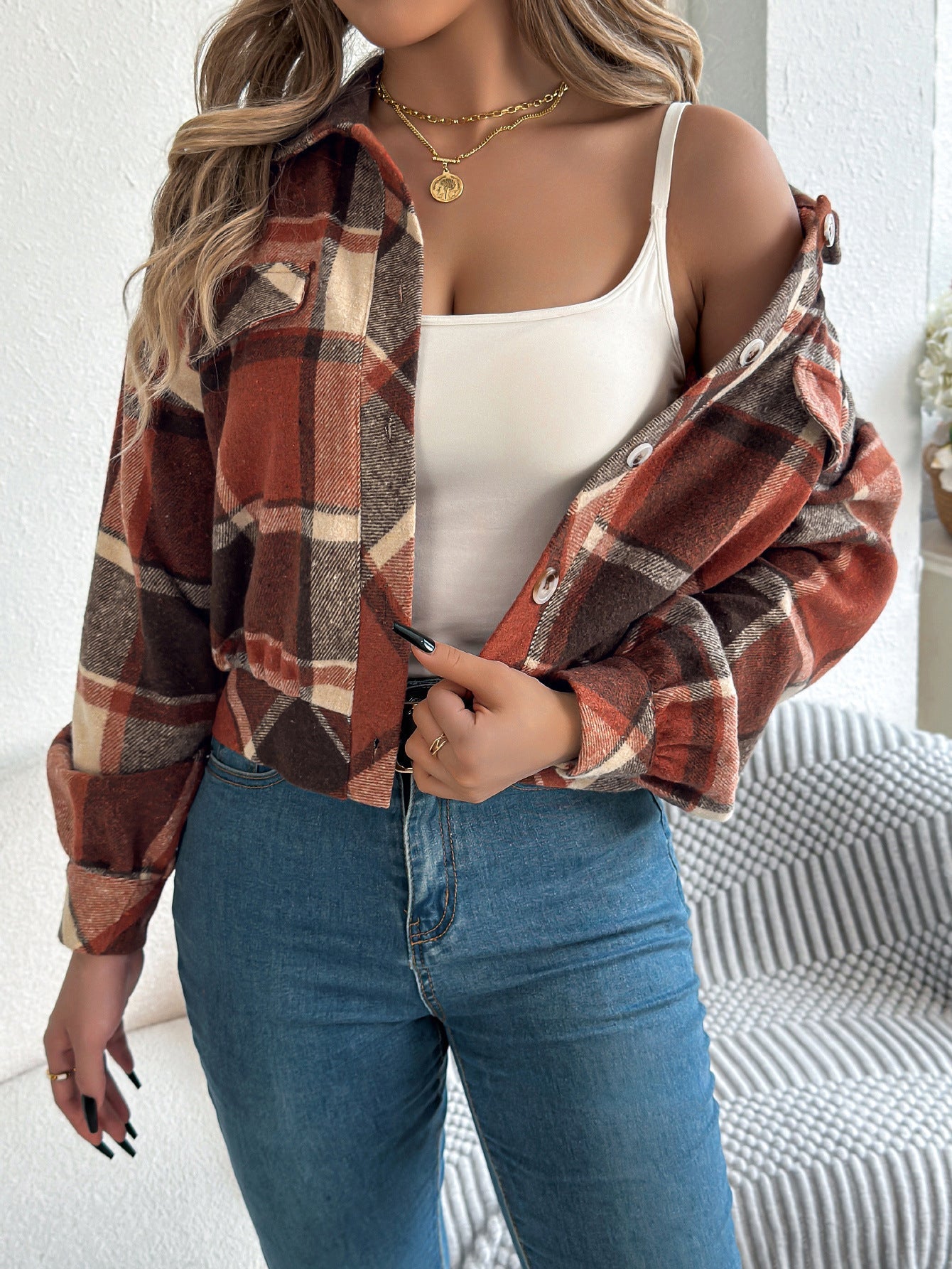 Zabel - Casual Plaid Button Front Long Sleeve Jacket