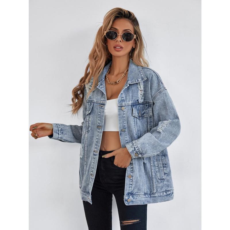 Amiyah - Casual Ripped Fringe Jean Jacket with Pockets for Everyday Style