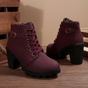 Katni - Chic Lace-Up Metal Buckle Chunky Ankle Boots