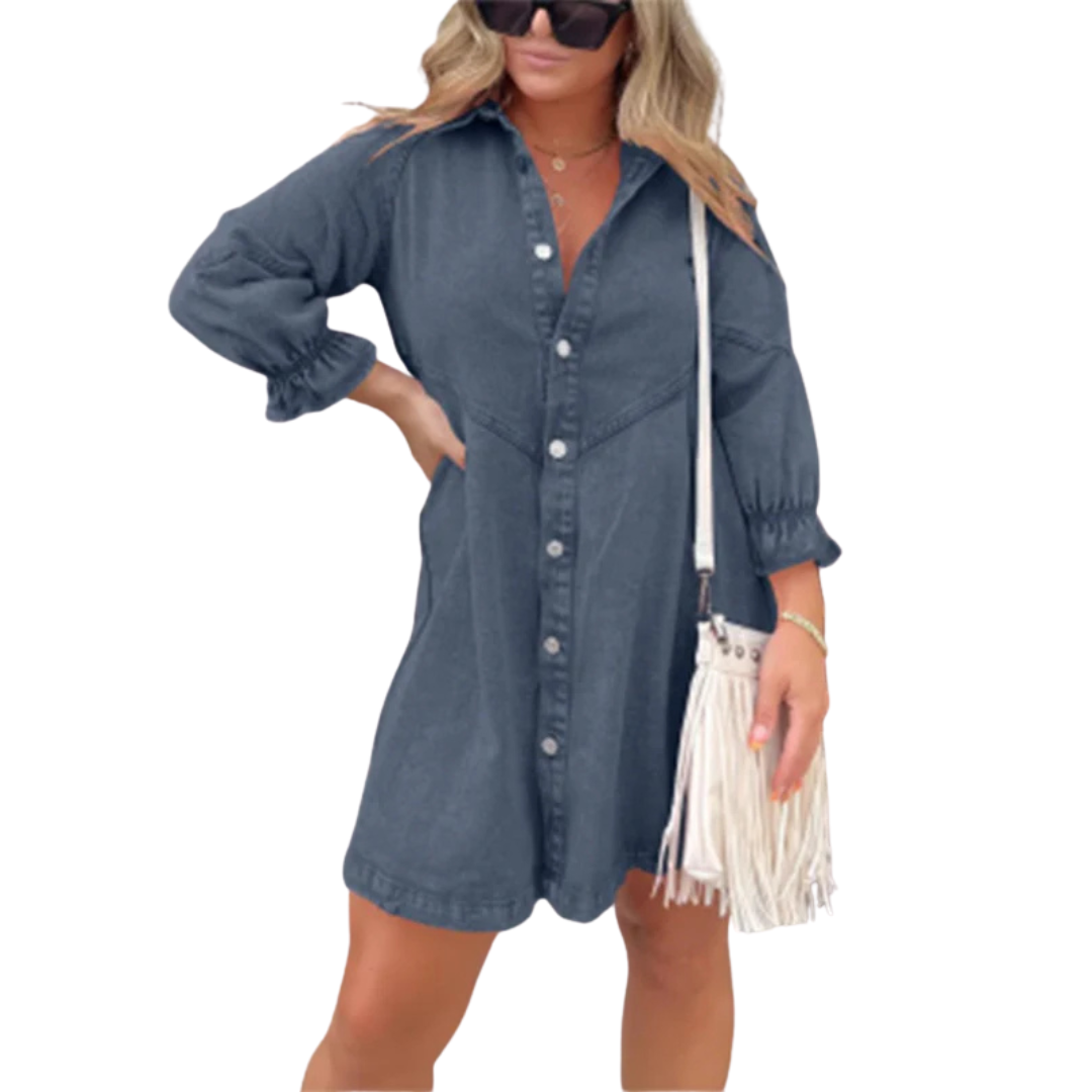 Marene - Elegant Washed Puff Sleeve Mini Dress