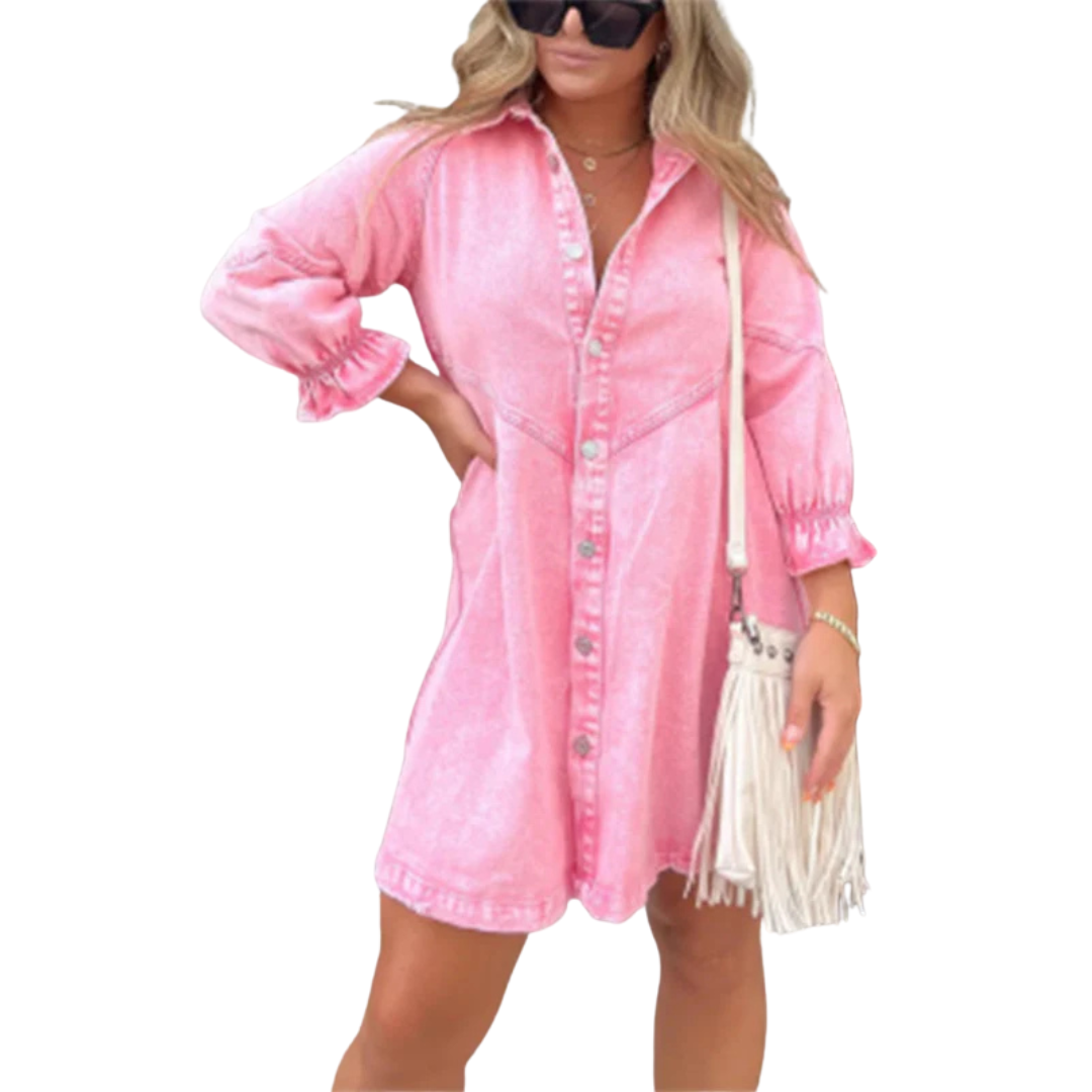 Marene - Elegant Washed Puff Sleeve Mini Dress