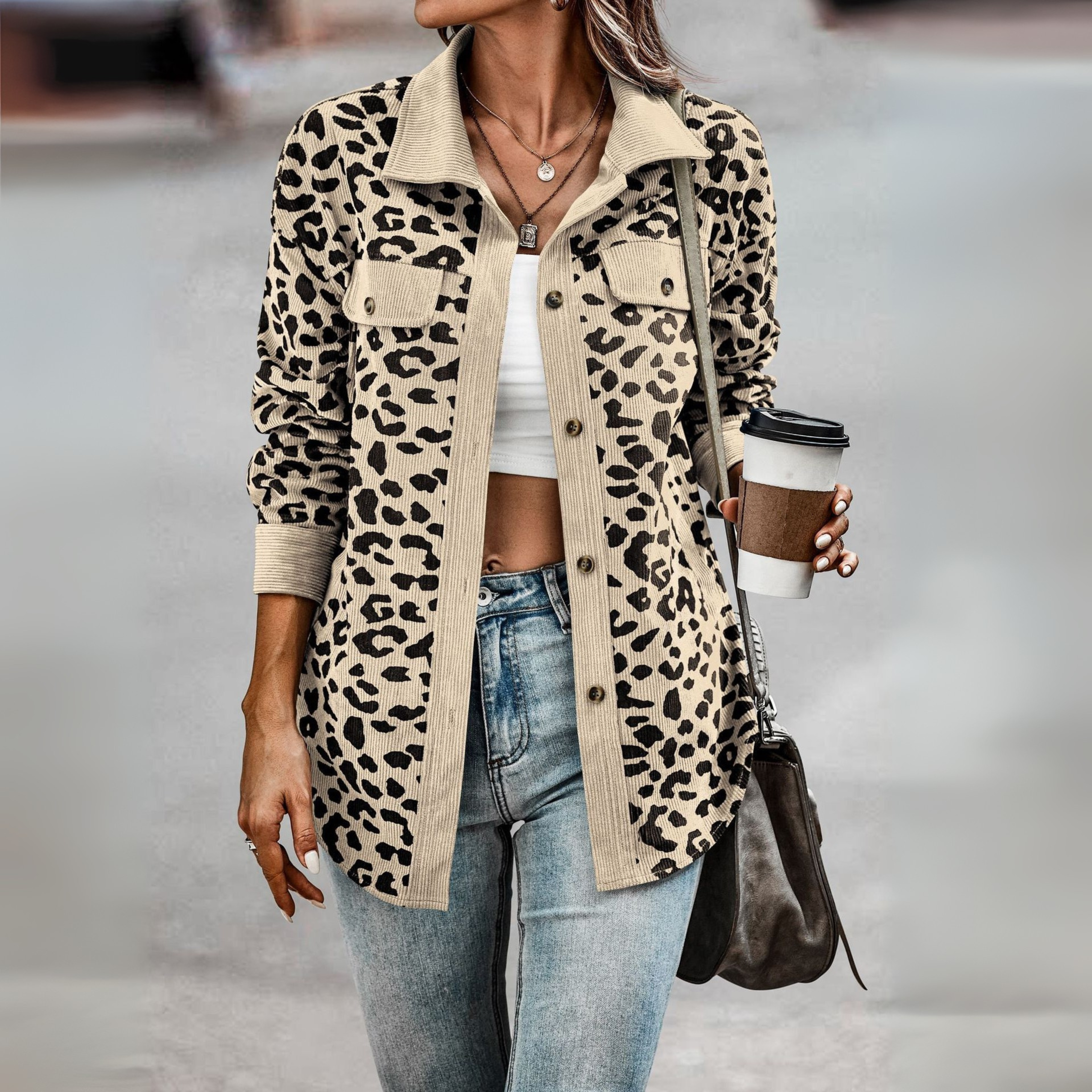 Sisi - Casual Leopard Print Button Front Jacket