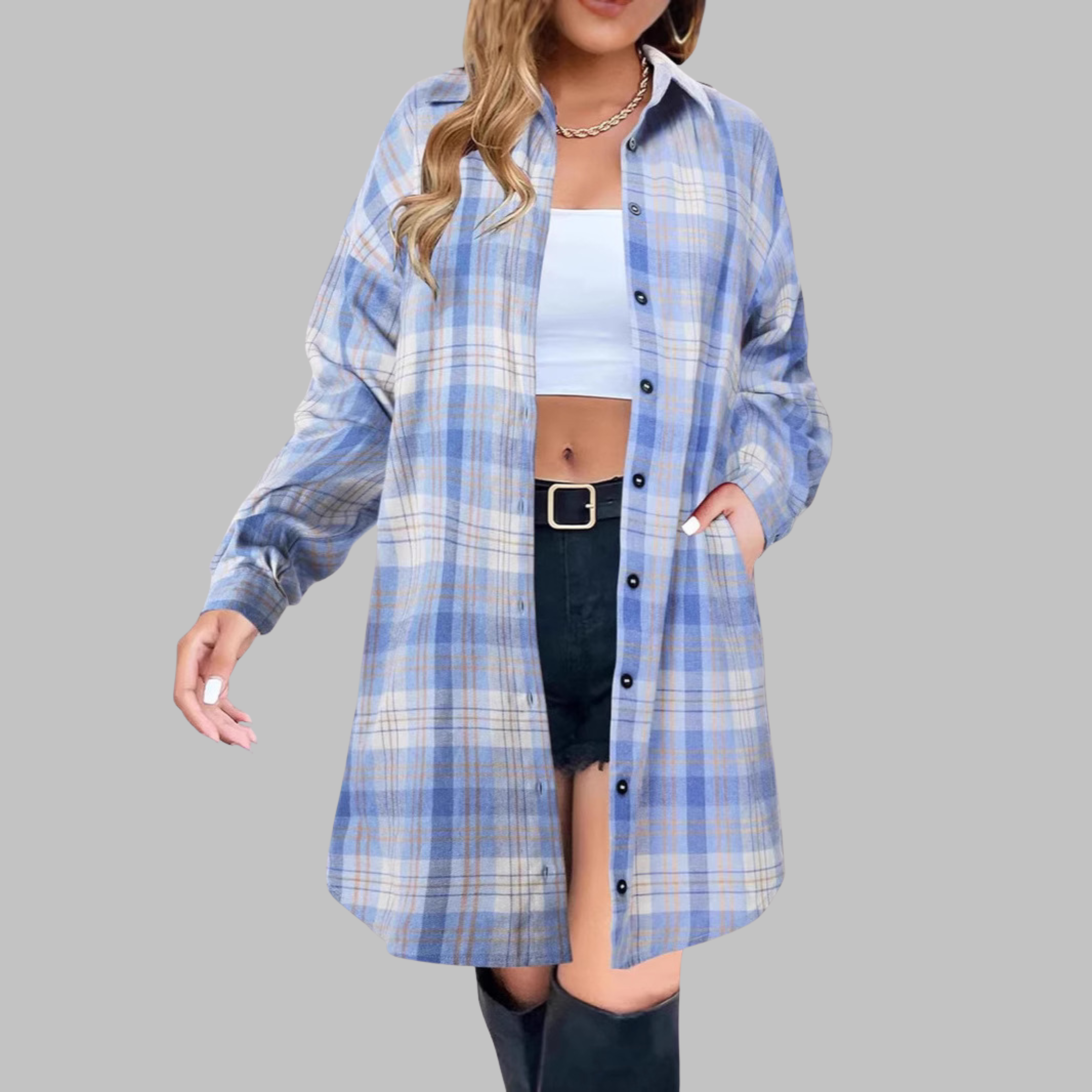 Paloma - Classy Button Down Plaid Long-Sleeve Jacket