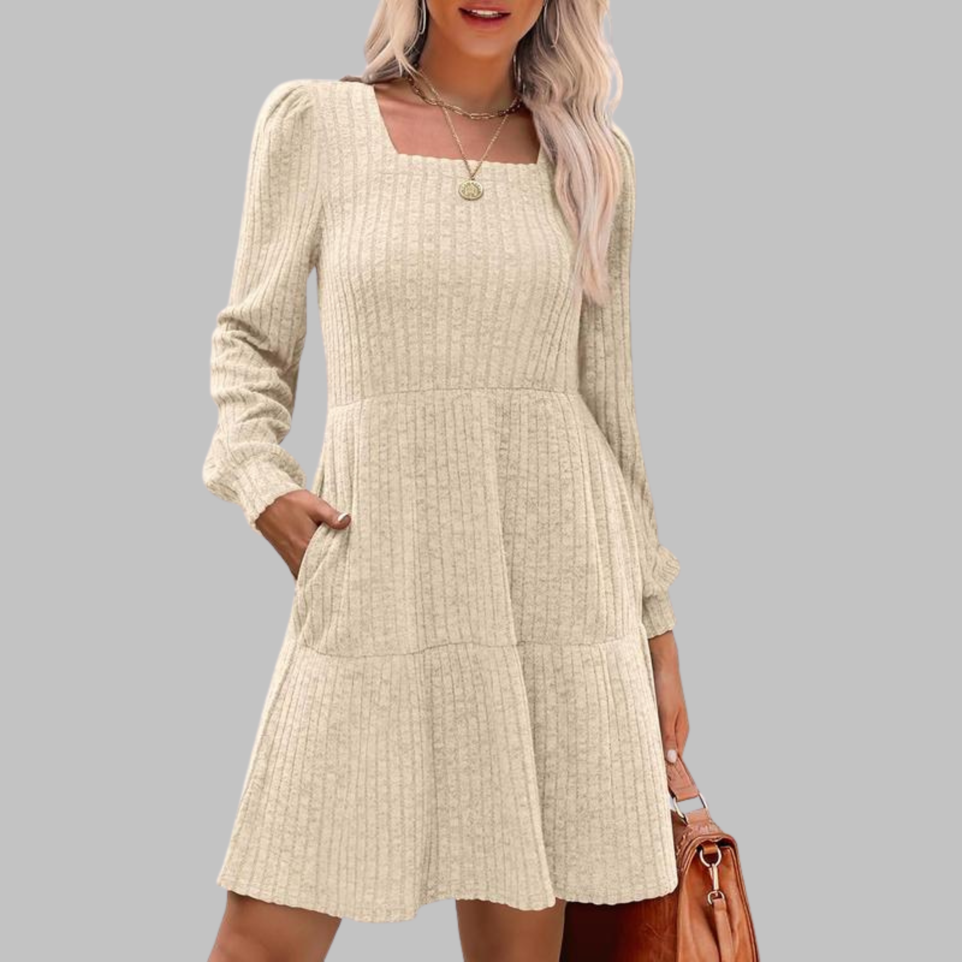 Ulan - Casual Square Neck Long Sleeve Midi Dress