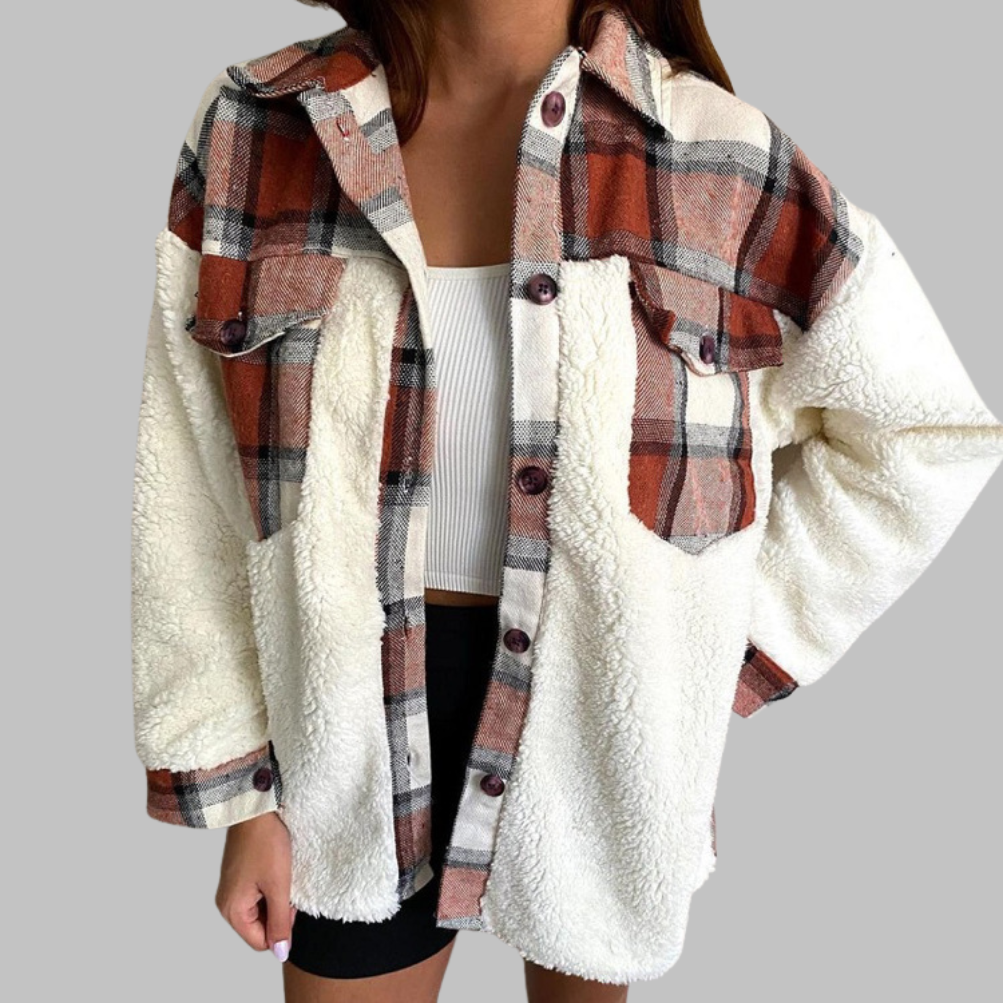 Sunnie - Cozy Long Sleeve Button Down Checkered Jacket
