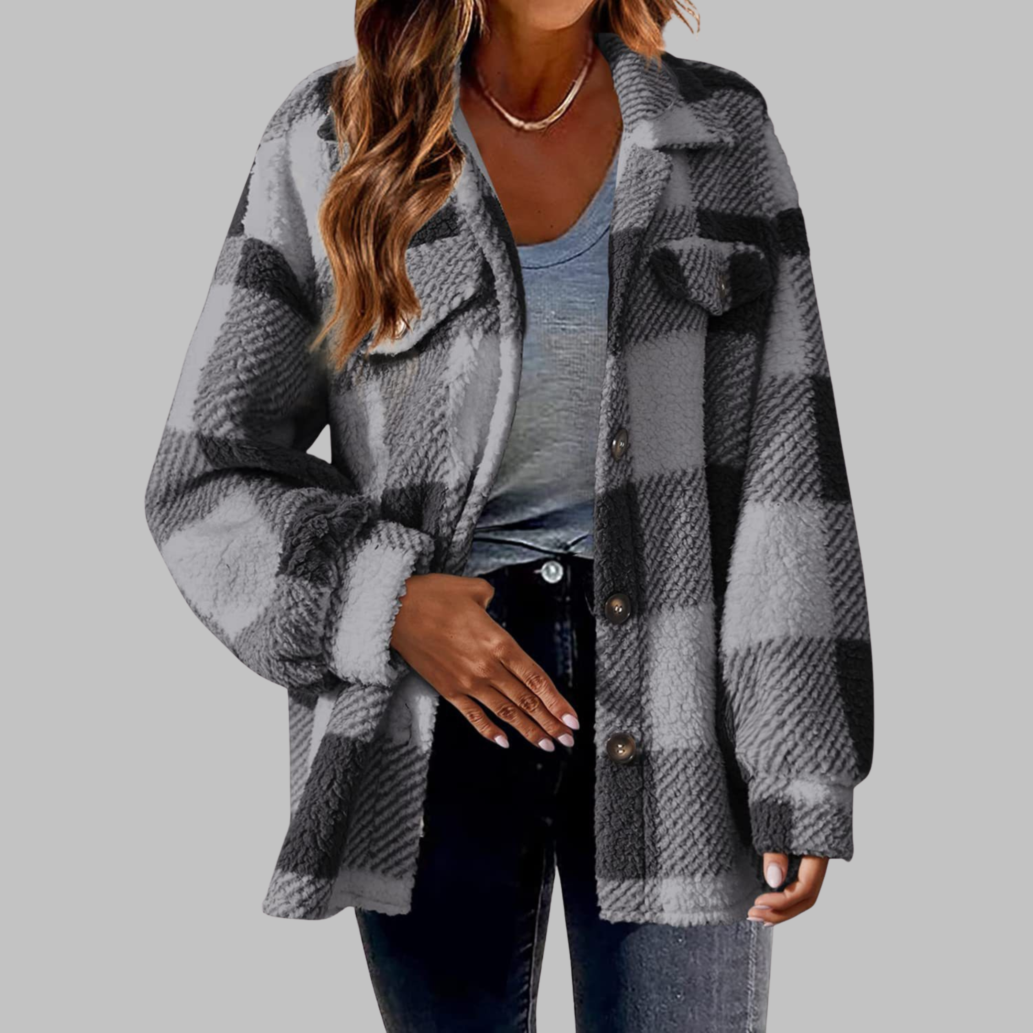 Ermi - Casual Plaid Button Down Long Sleeve Jacket