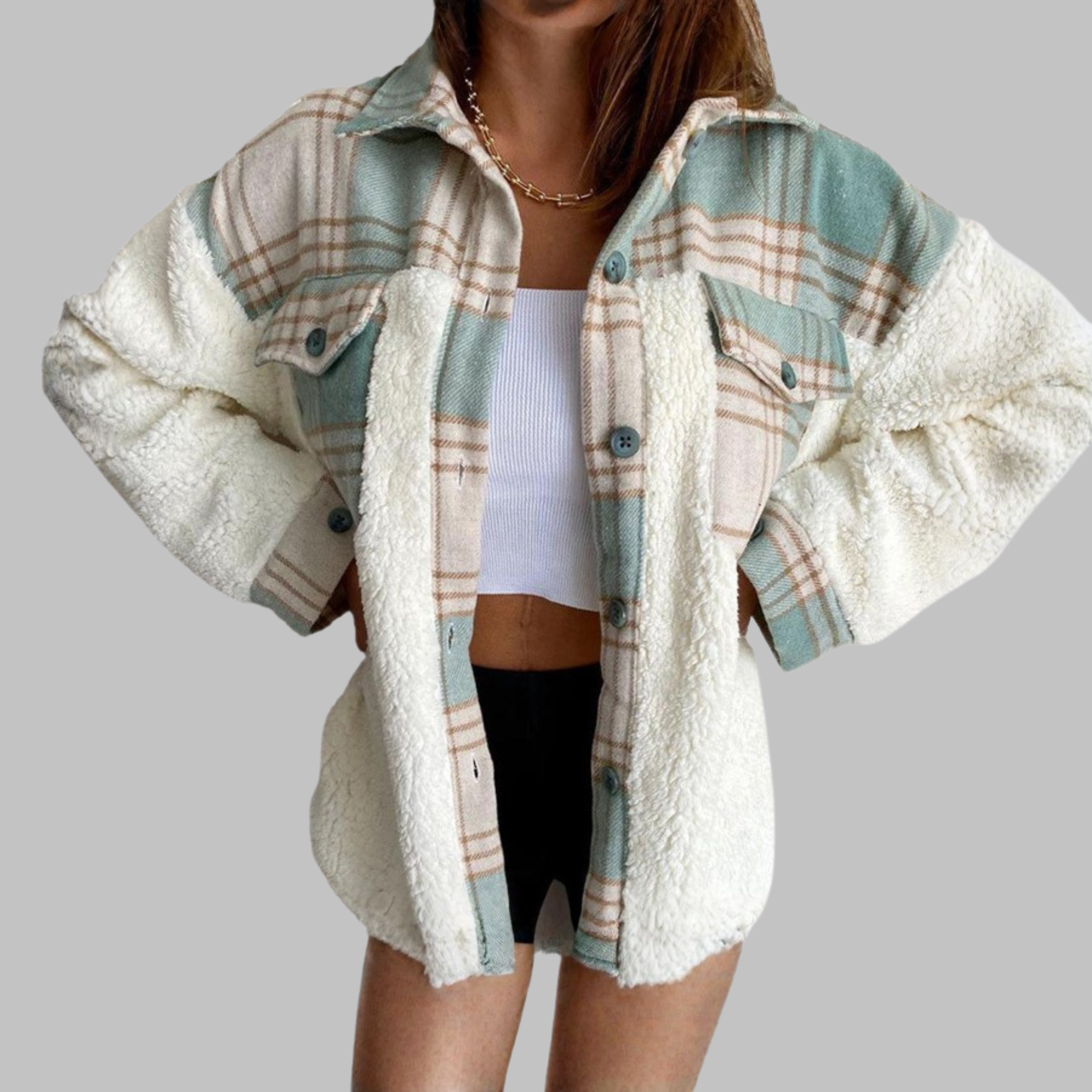 Sunnie - Cozy Long Sleeve Button Down Checkered Jacket