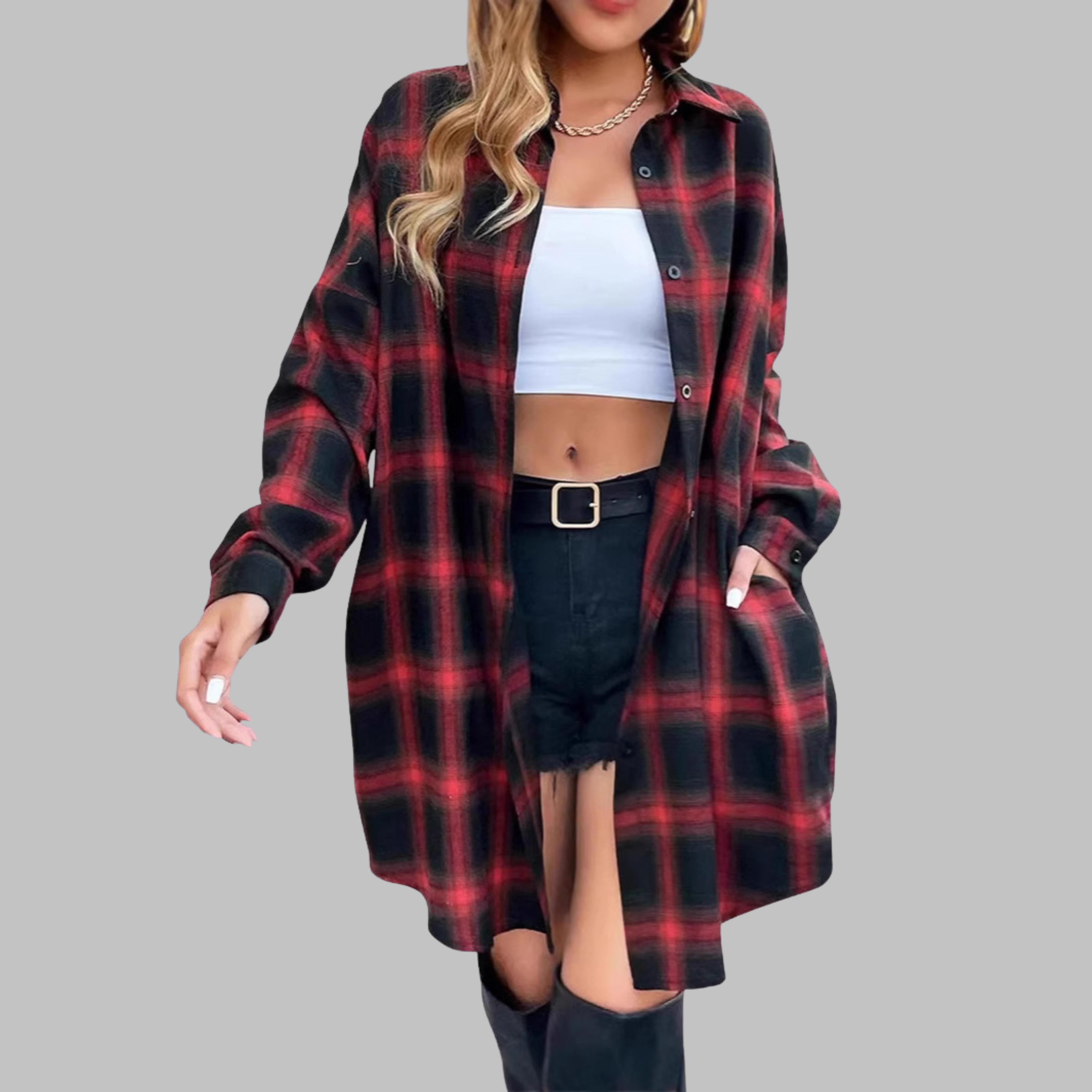 Paloma - Classy Button Down Plaid Long-Sleeve Jacket