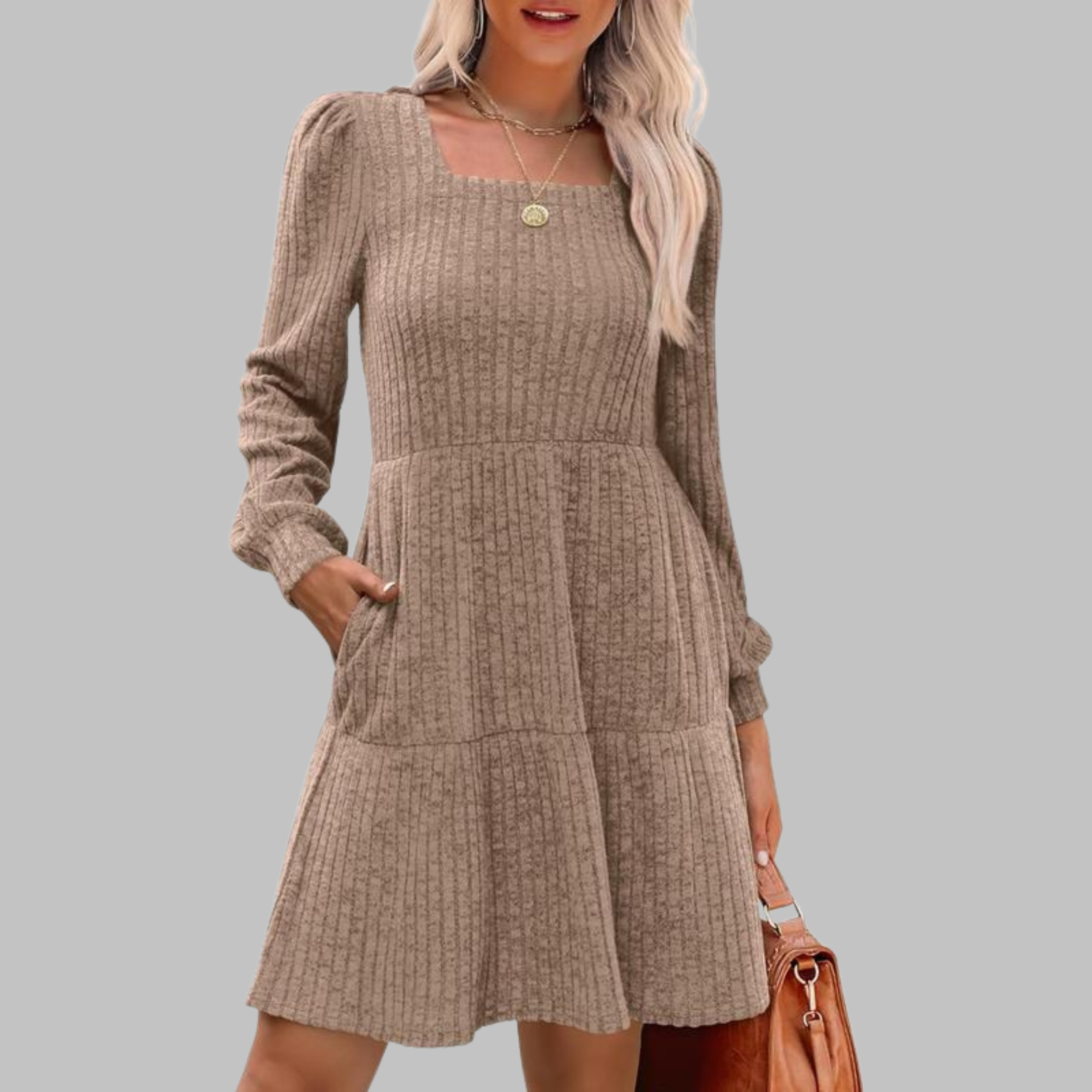 Ulan - Casual Square Neck Long Sleeve Midi Dress