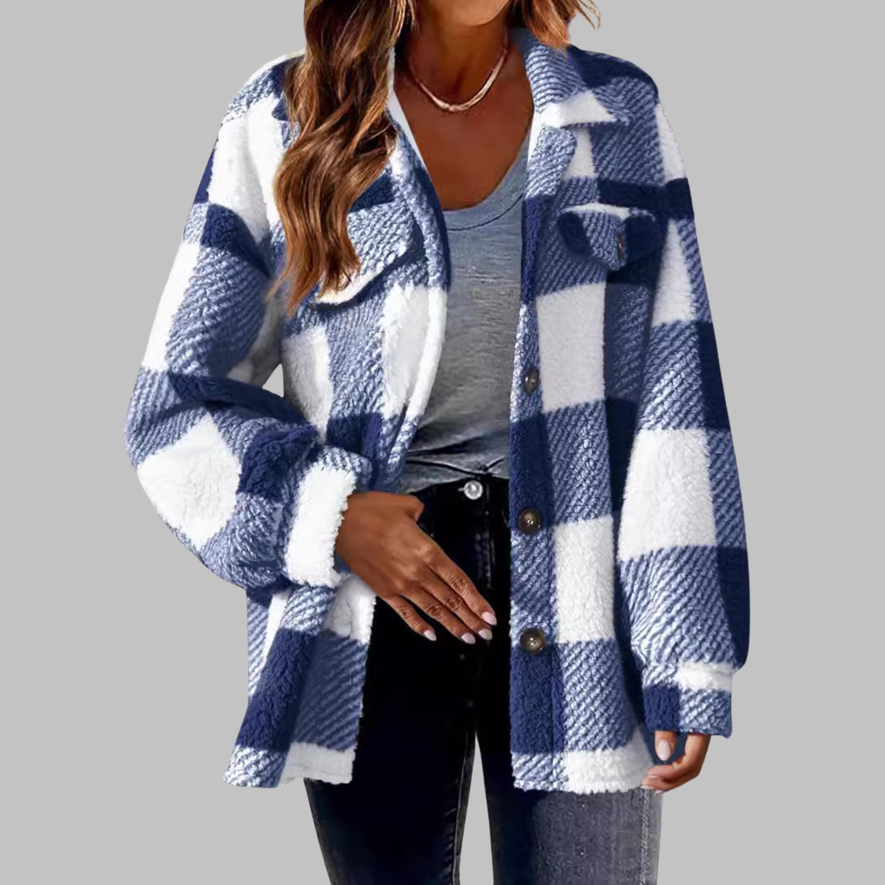 Ermi - Casual Plaid Button Down Long Sleeve Jacket
