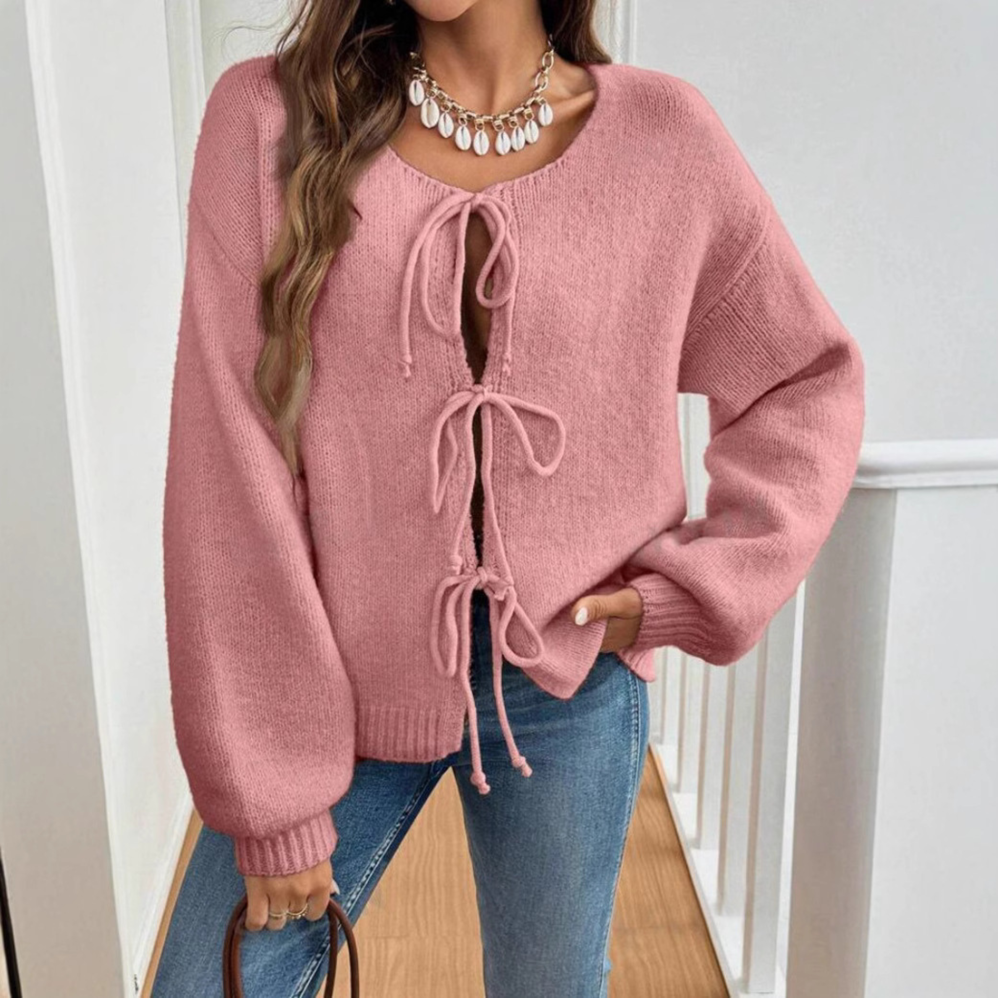 Adriene - Chic Long Sleeve Round Neck Tie Front Cardigan