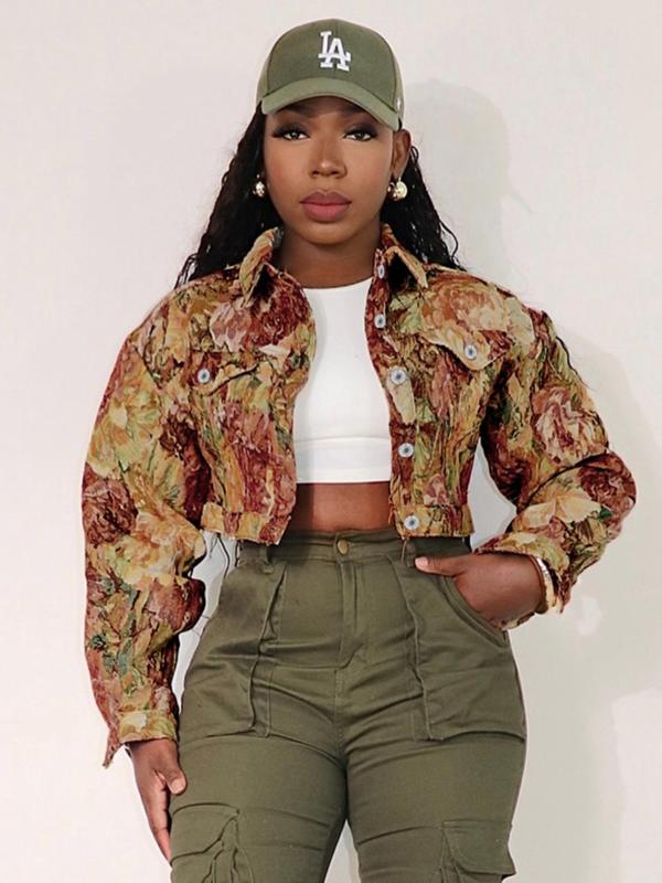 Sida - Chic Floral Print Crop Long Sleeve Jacket