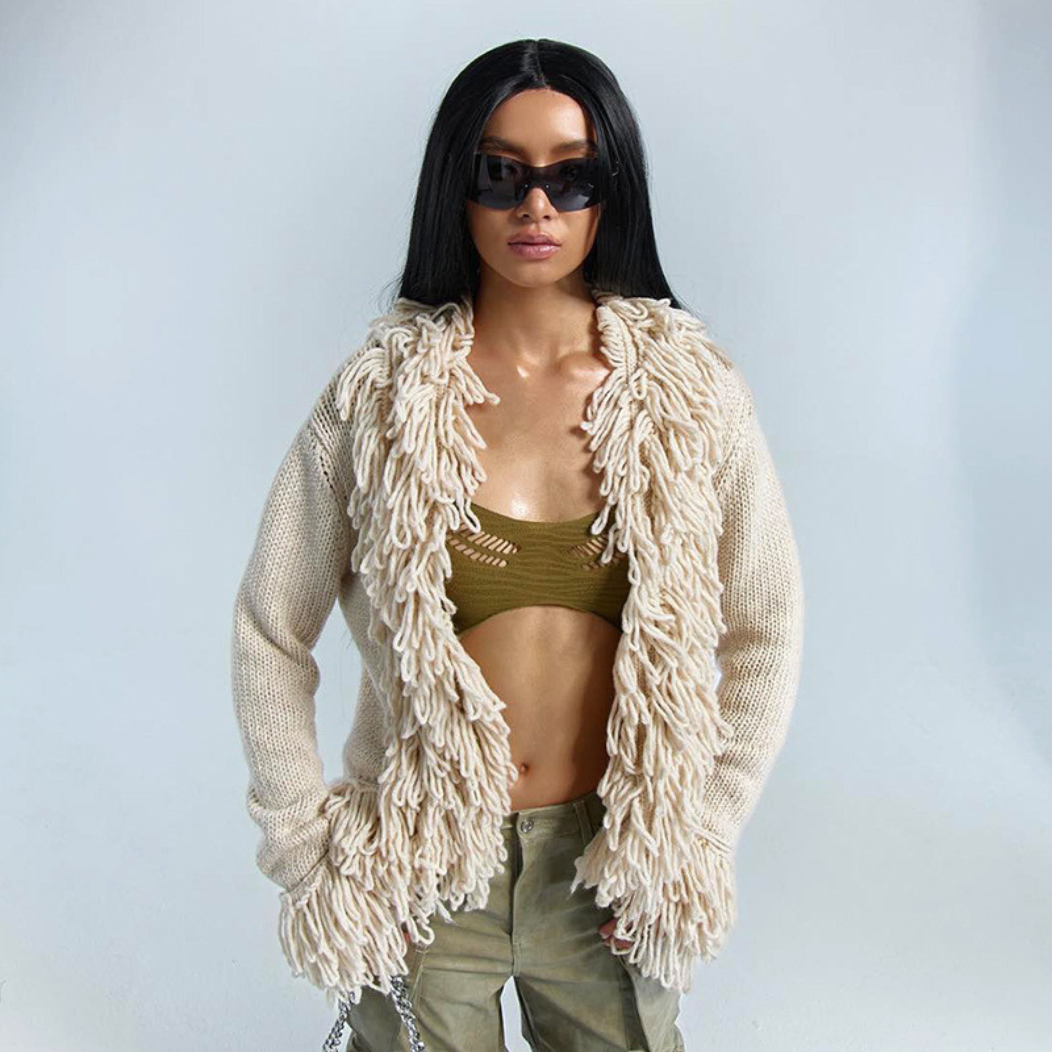 Talayah - Chic Fringe Long Sleeve Open Front Cardigan