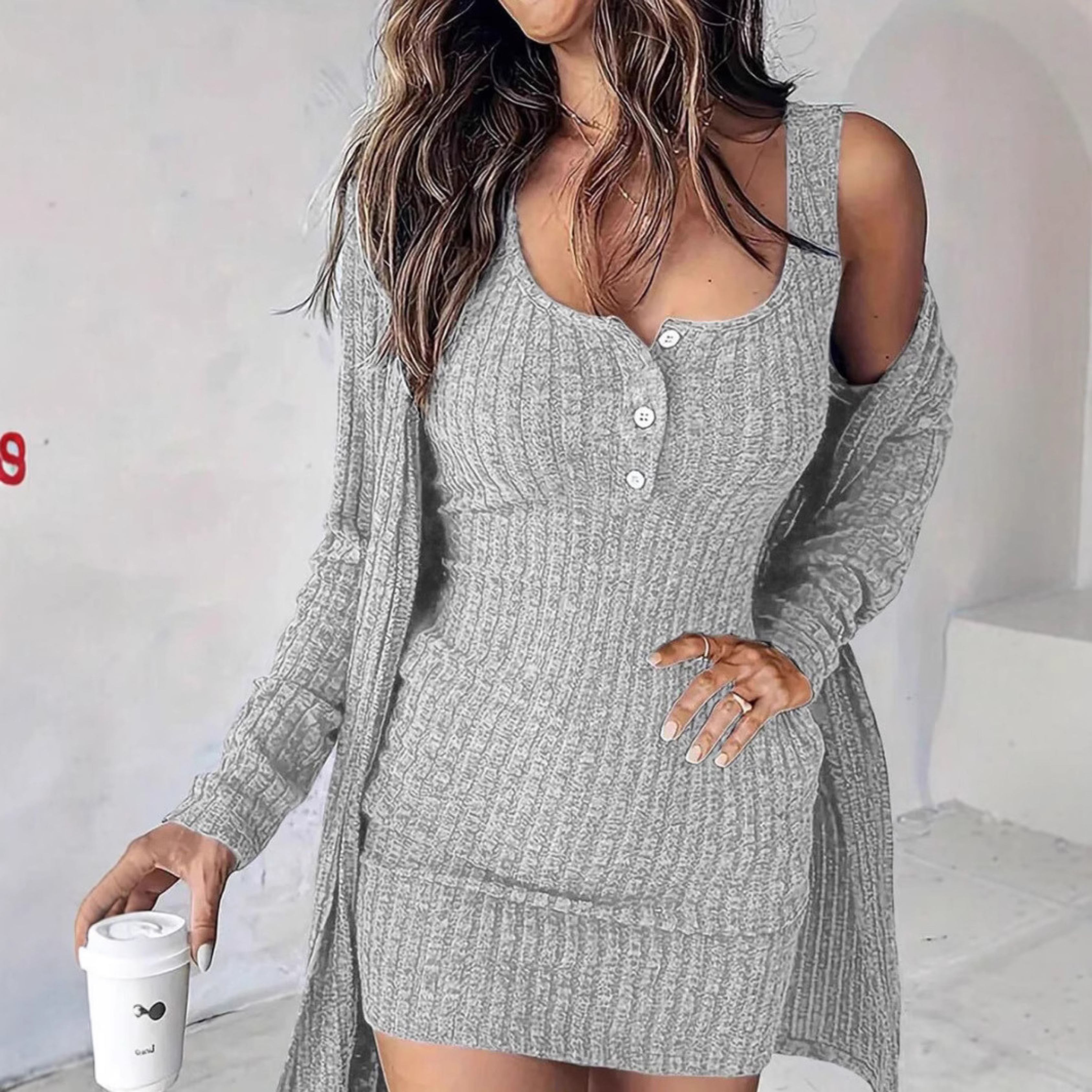 Willah - Classy Ribbed Two-Piece Dress Coat