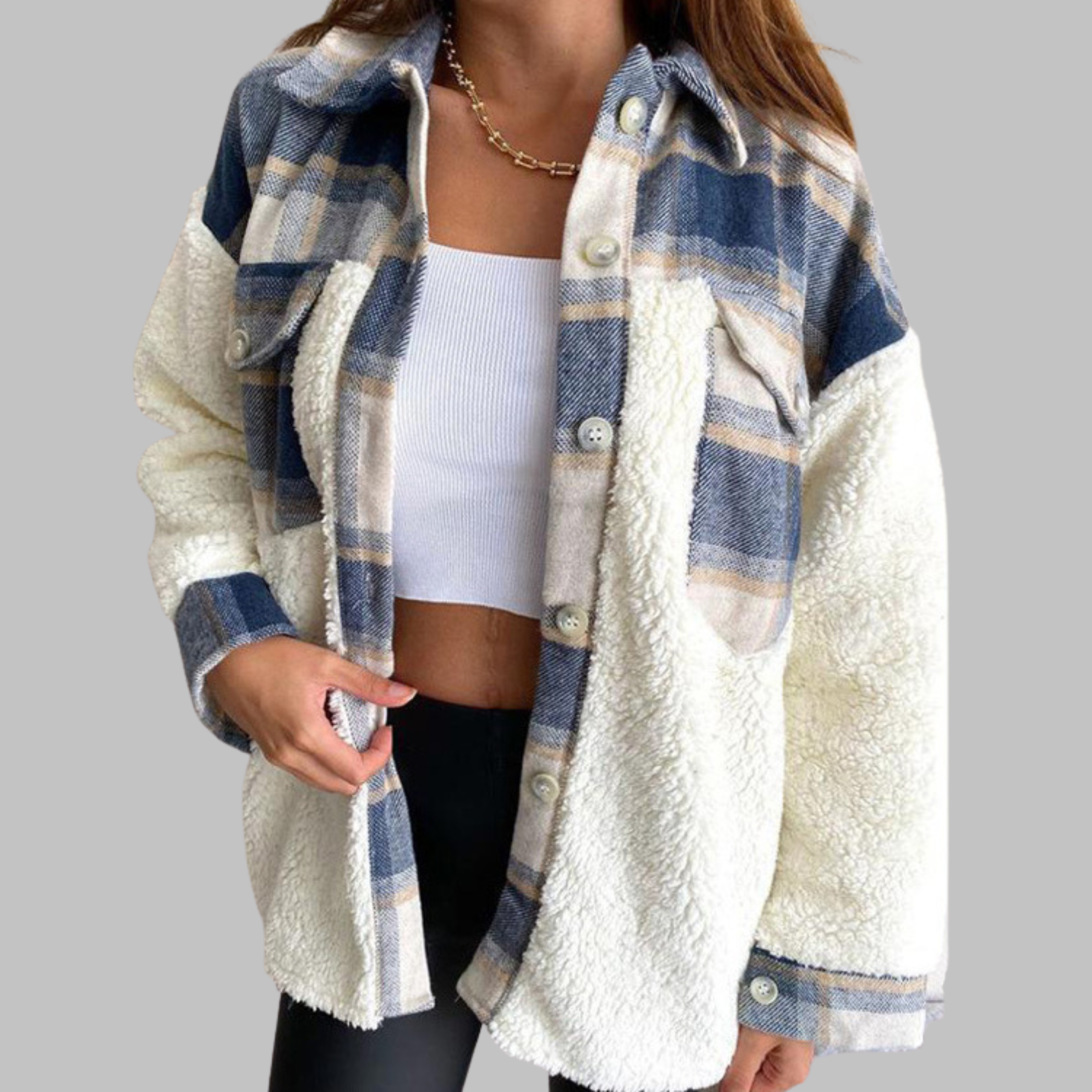 Sunnie - Cozy Long Sleeve Button Down Checkered Jacket