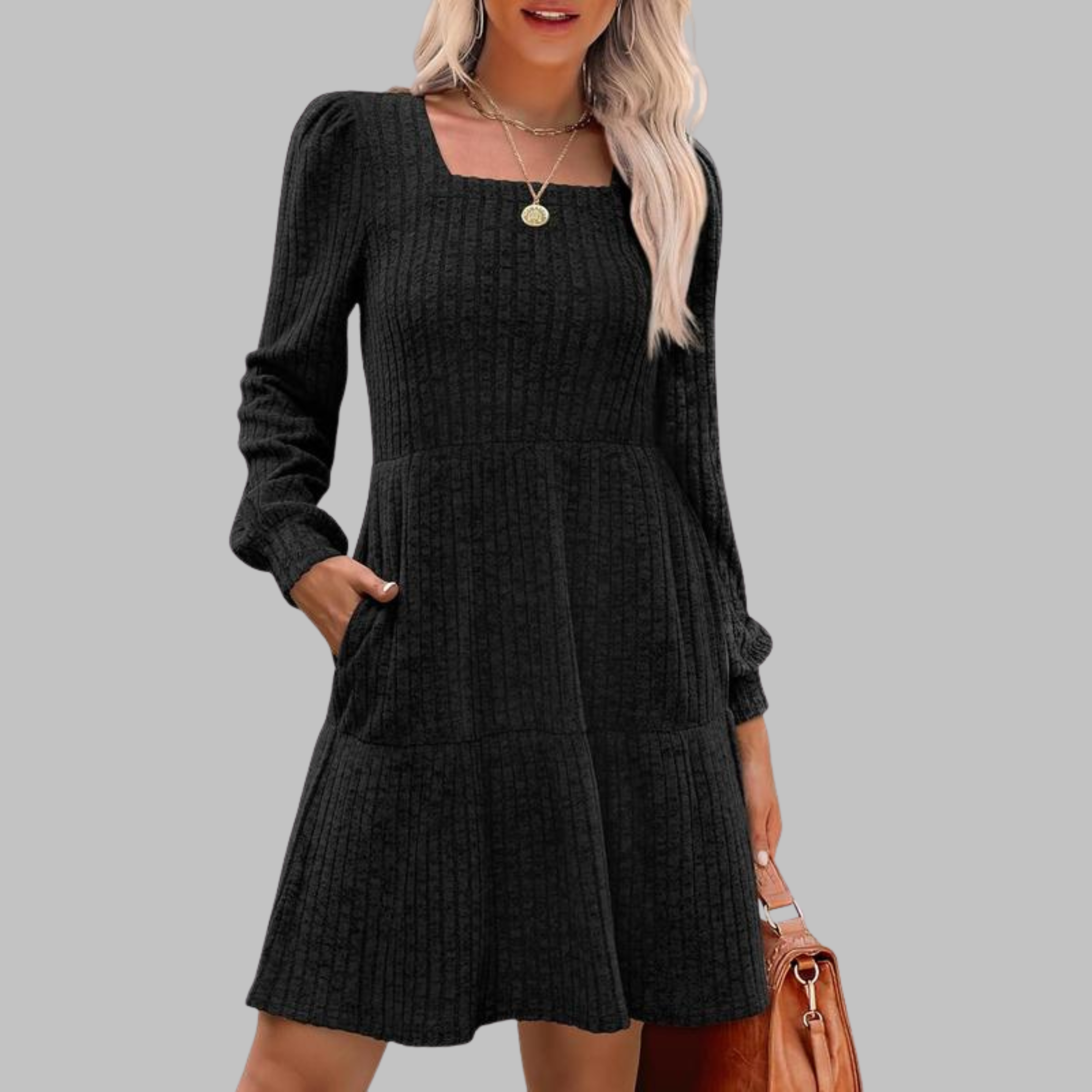 Ulan - Casual Square Neck Long Sleeve Midi Dress