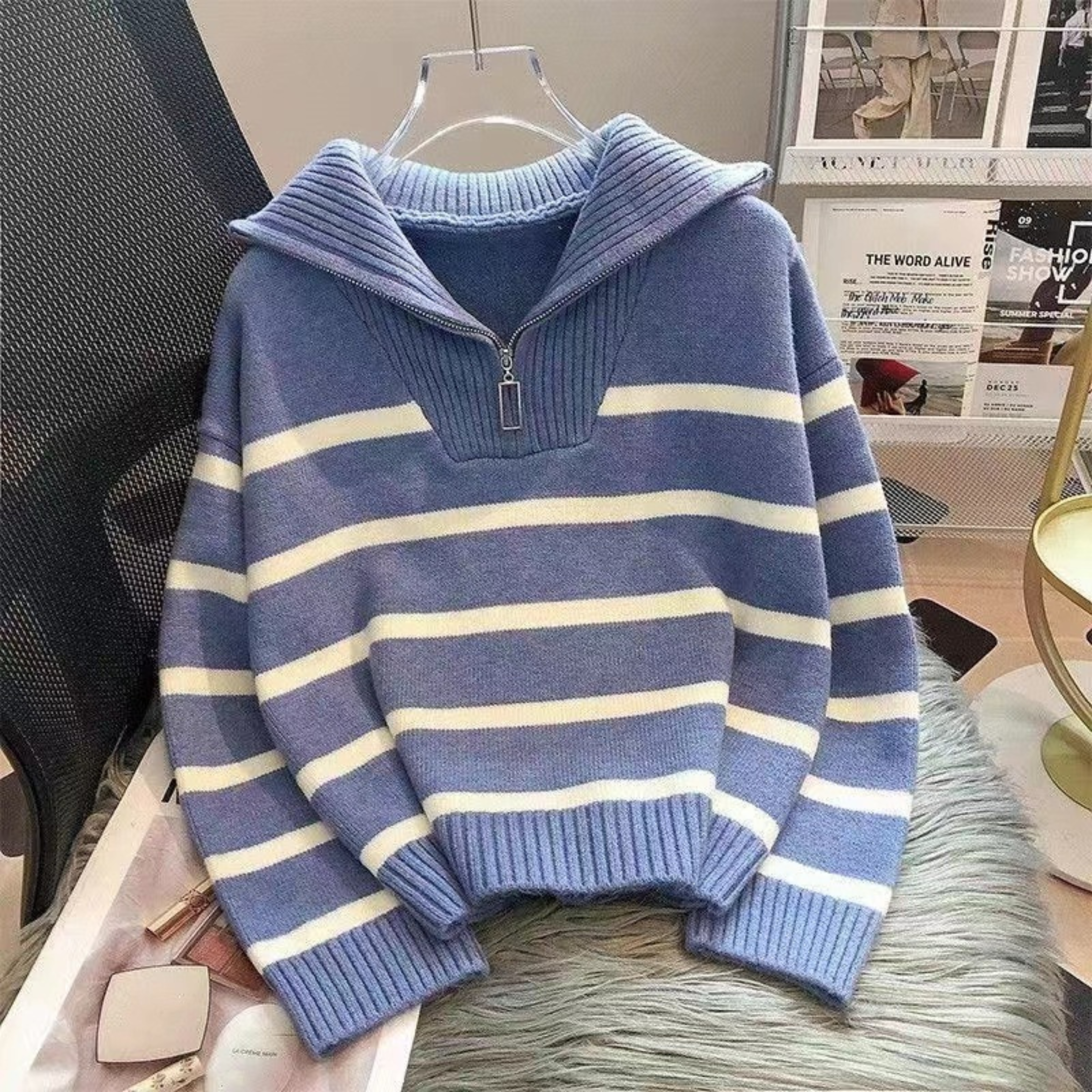 Nevaeh - Chic Striped Long Sleeve Collared Top