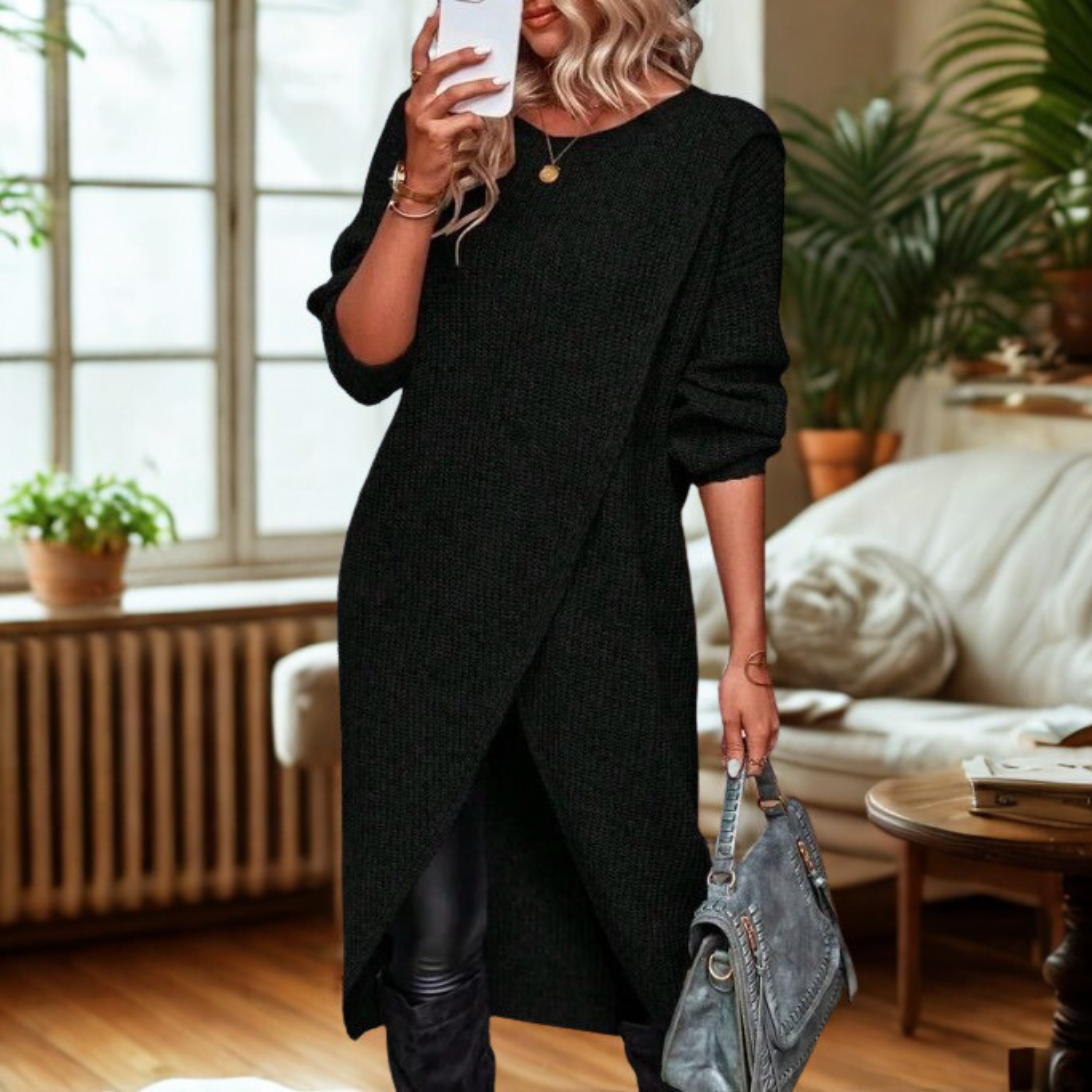 Gally - Casual Plain Wrap Tunic Sweater Dress