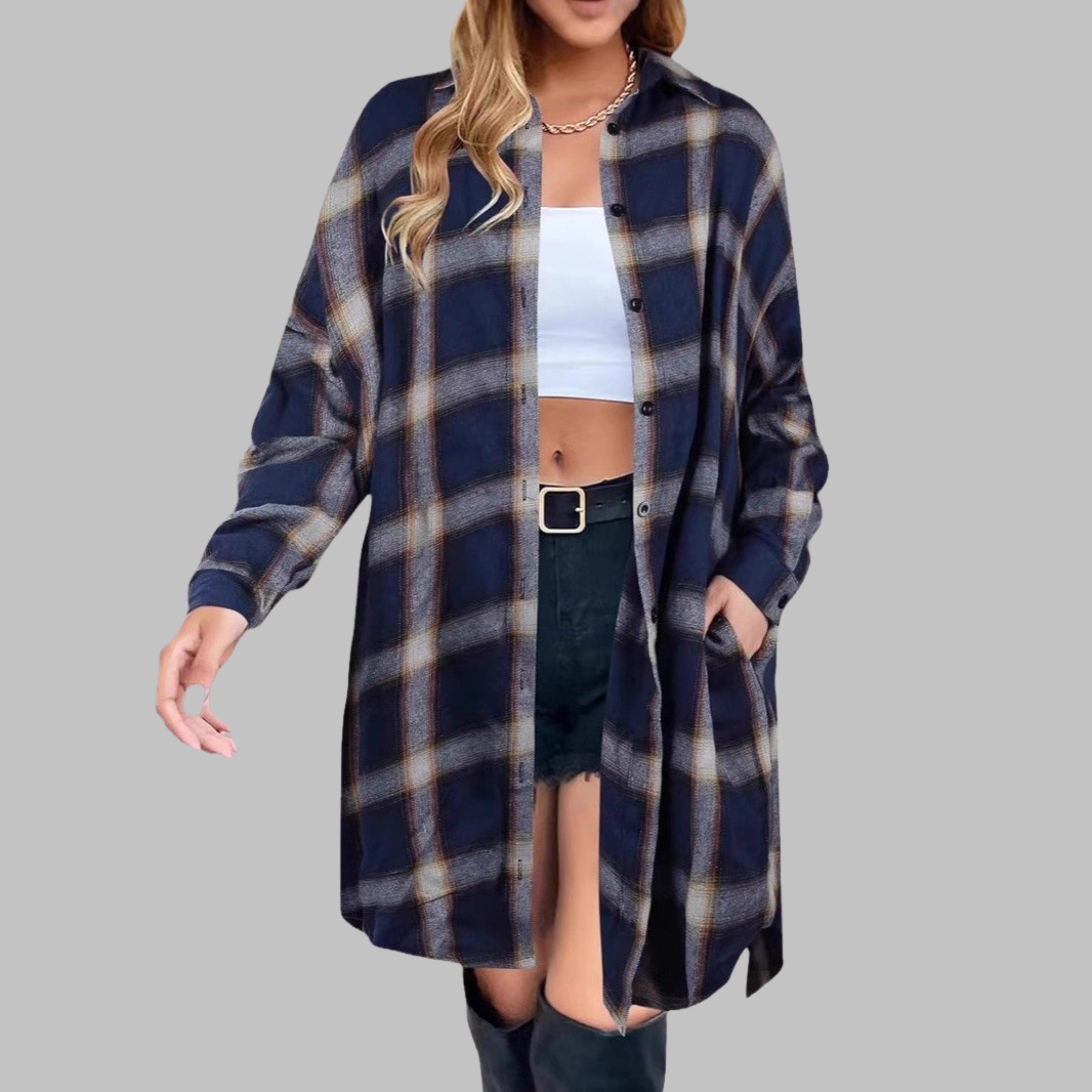 Paloma - Classy Button Down Plaid Long-Sleeve Jacket