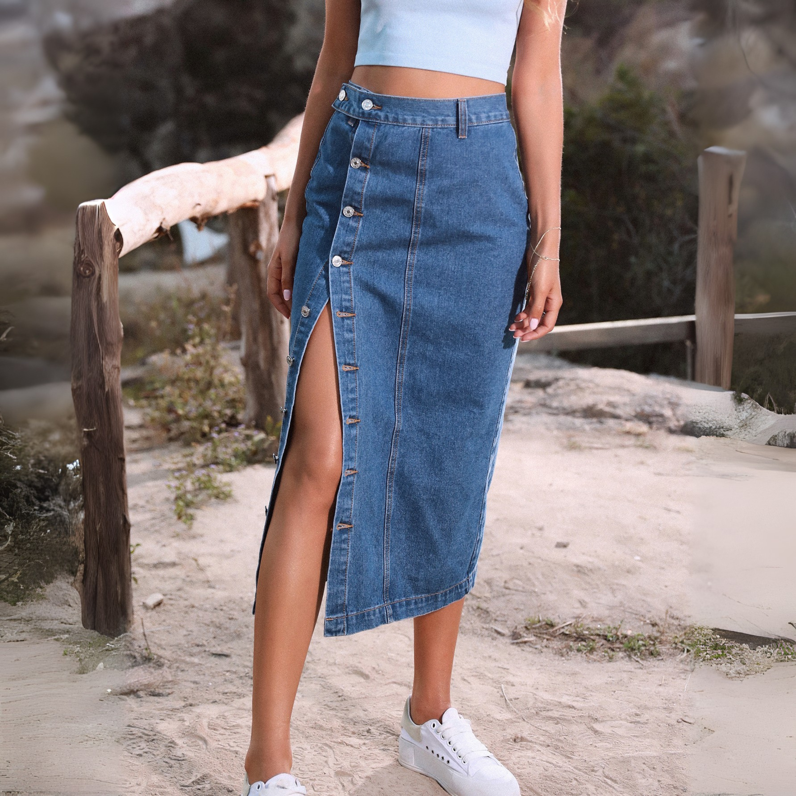 Xiani- Casual Button Front Slit Skirt