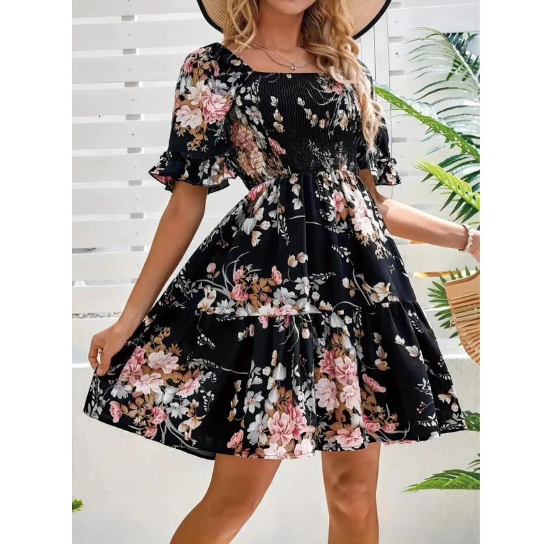 Isolde – Vintage Floral Flounce Sleeve Summer Dress