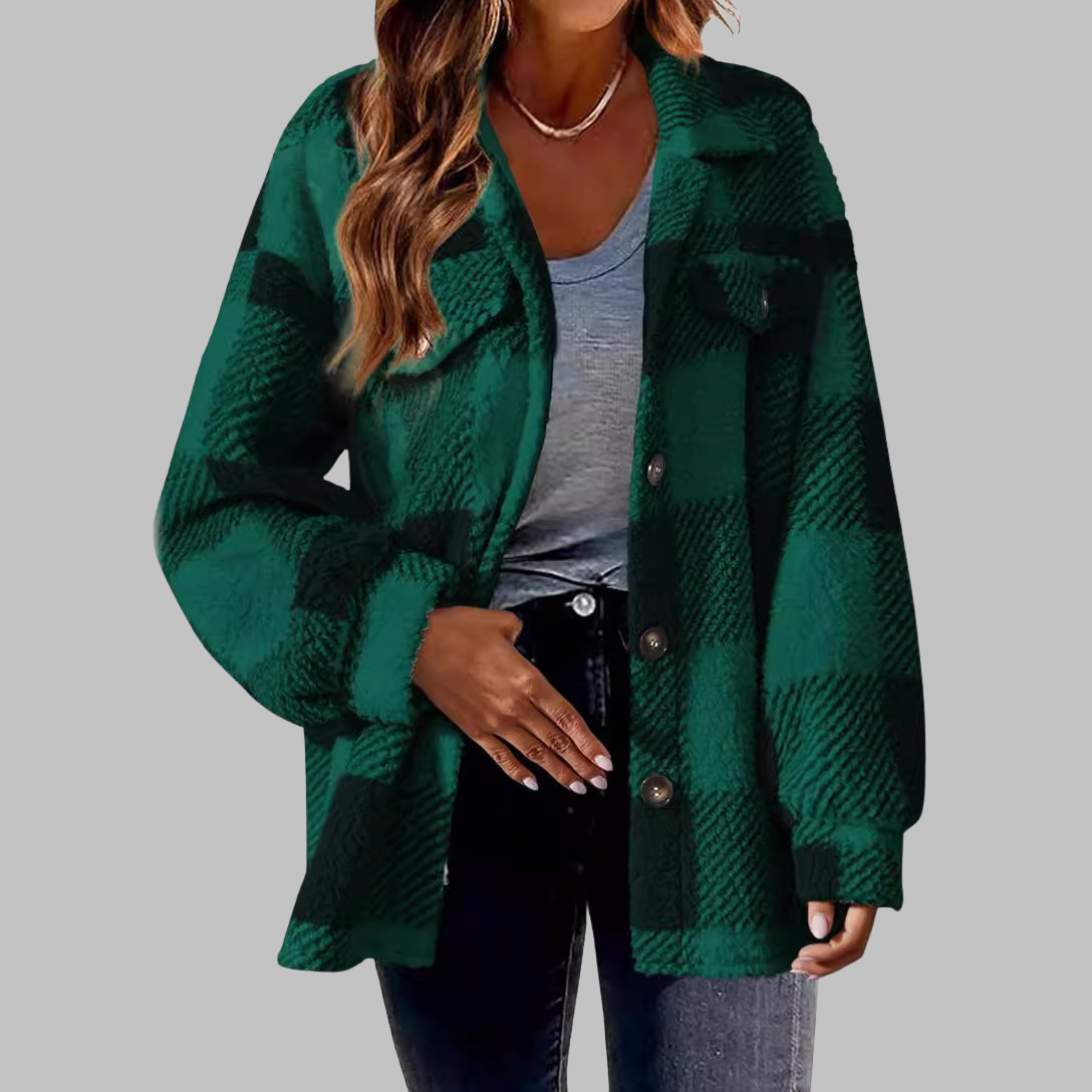 Ermi - Casual Plaid Button Down Long Sleeve Jacket