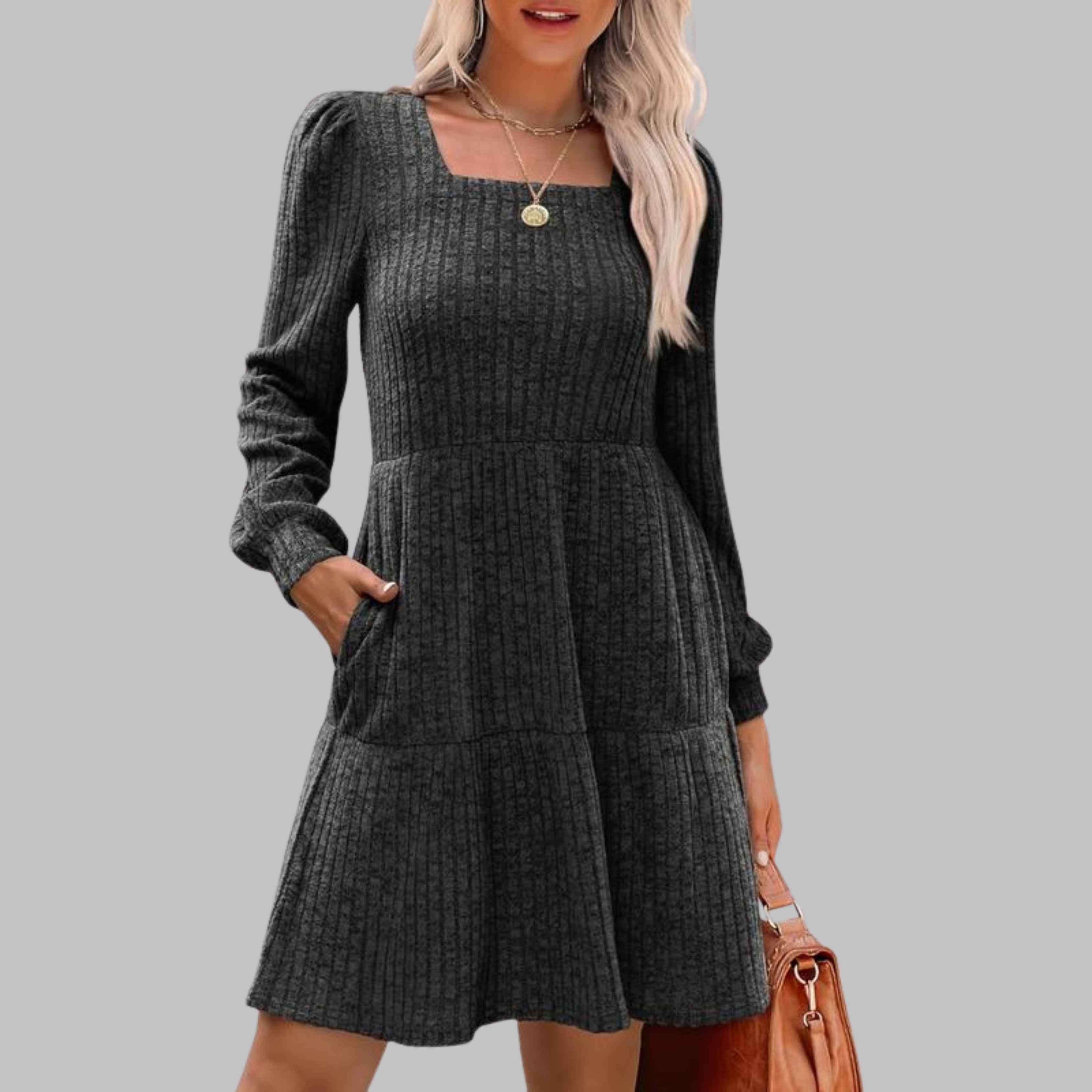 Ulan - Casual Square Neck Long Sleeve Midi Dress