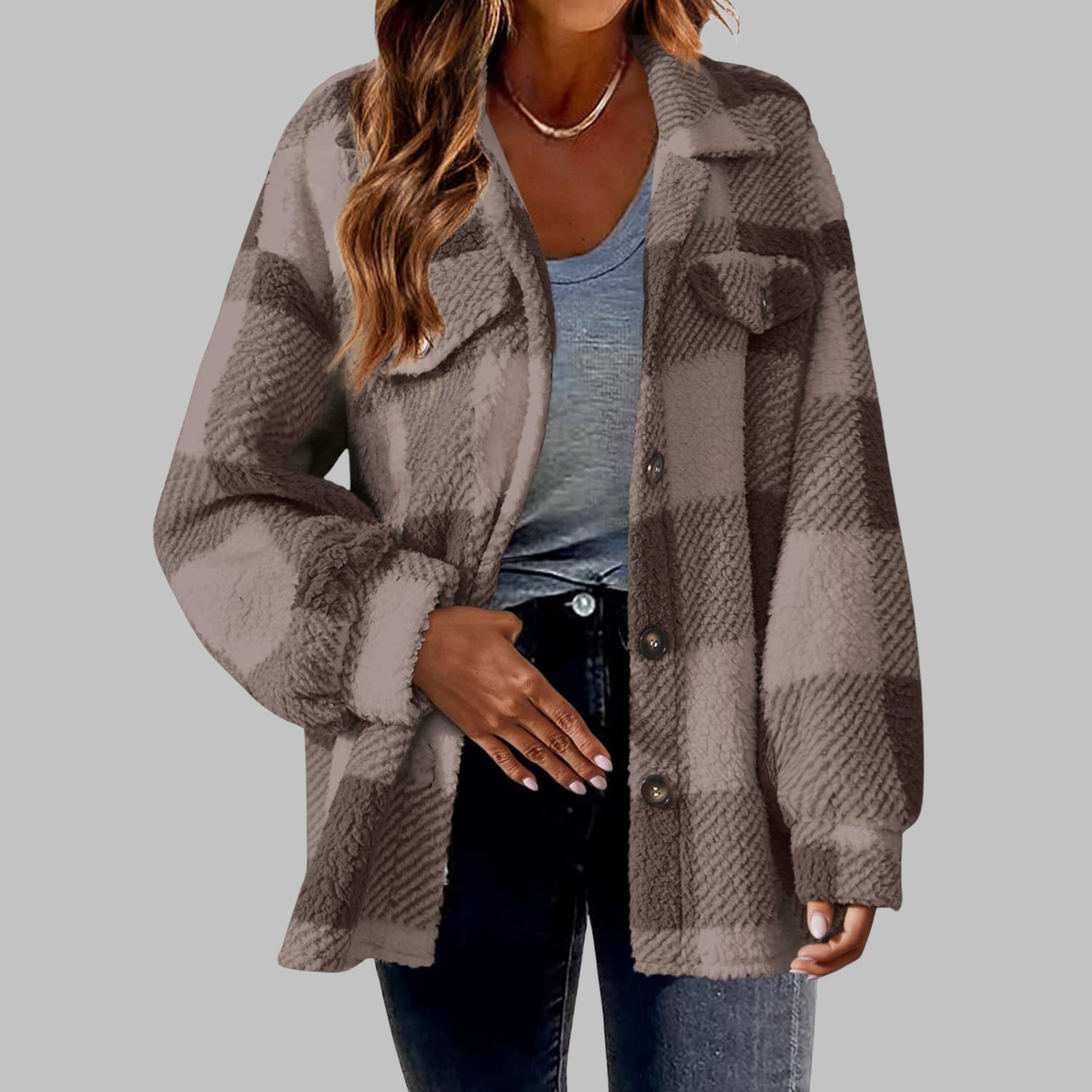 Ermi - Casual Plaid Button Down Long Sleeve Jacket