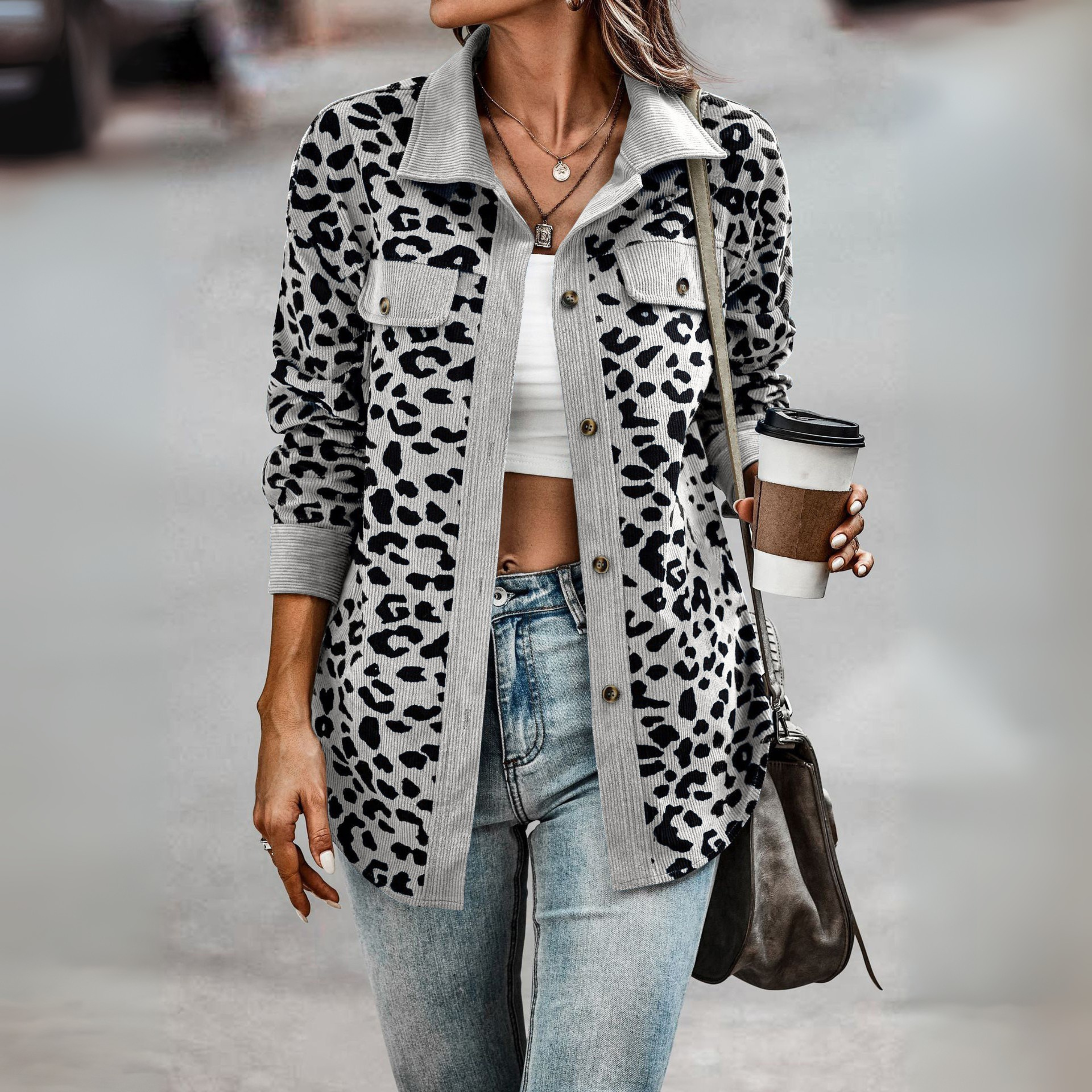 Sisi - Casual Leopard Print Button Front Jacket