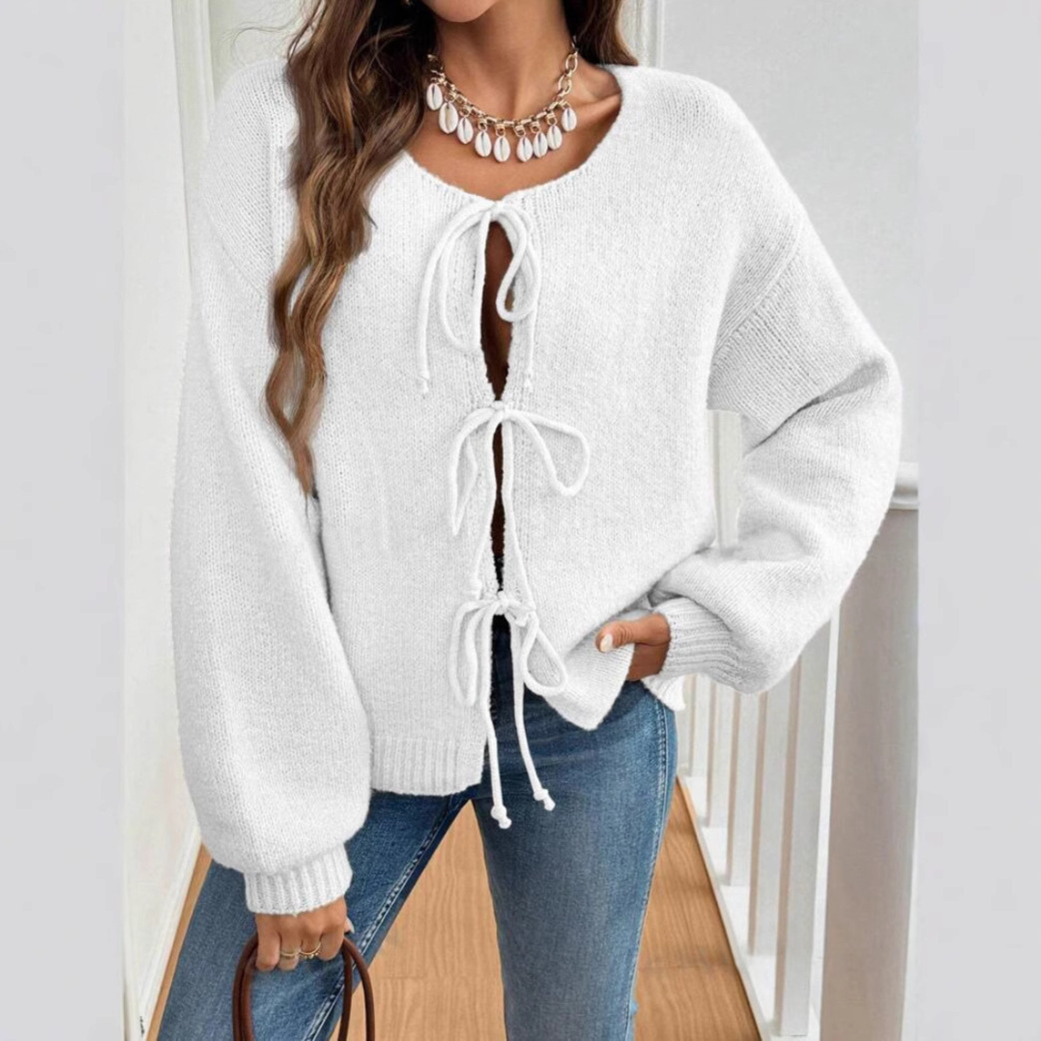 Adriene - Chic Long Sleeve Round Neck Tie Front Cardigan