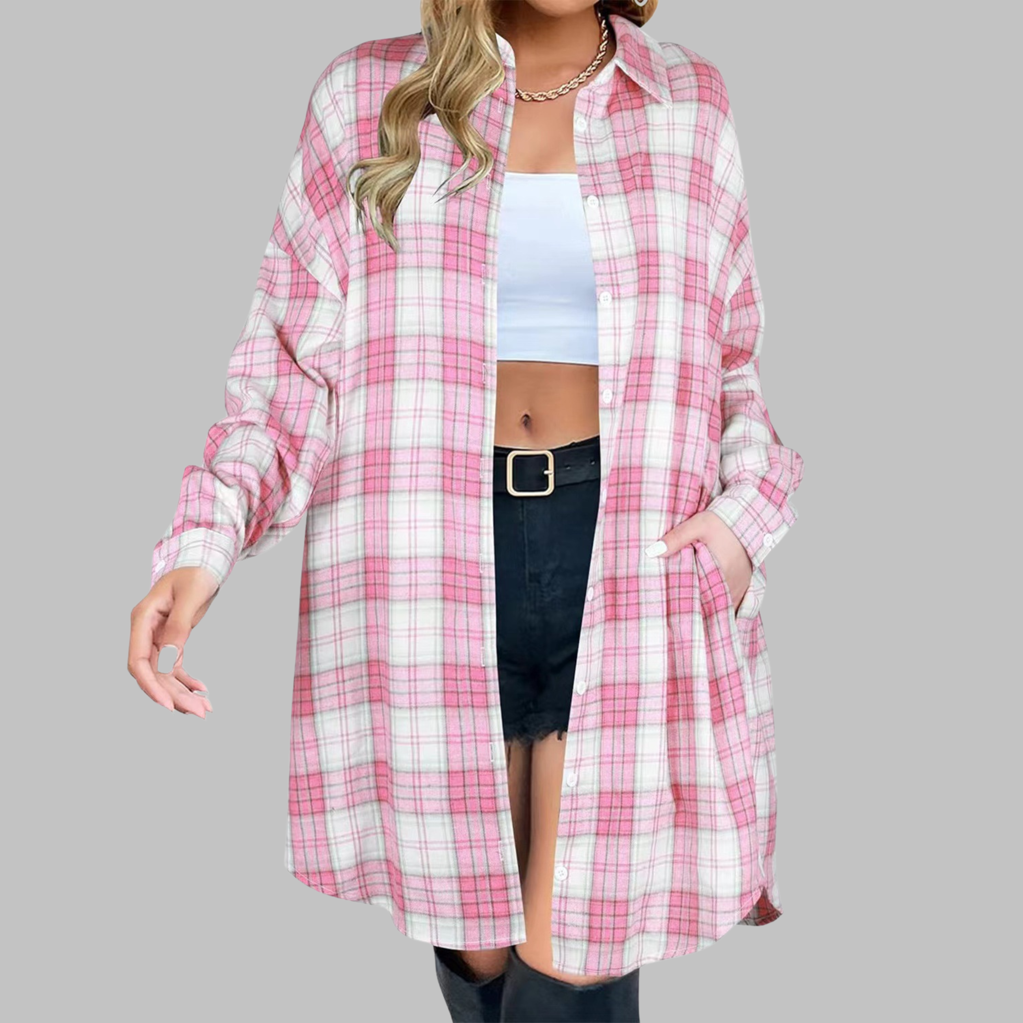 Paloma - Classy Button Down Plaid Long-Sleeve Jacket