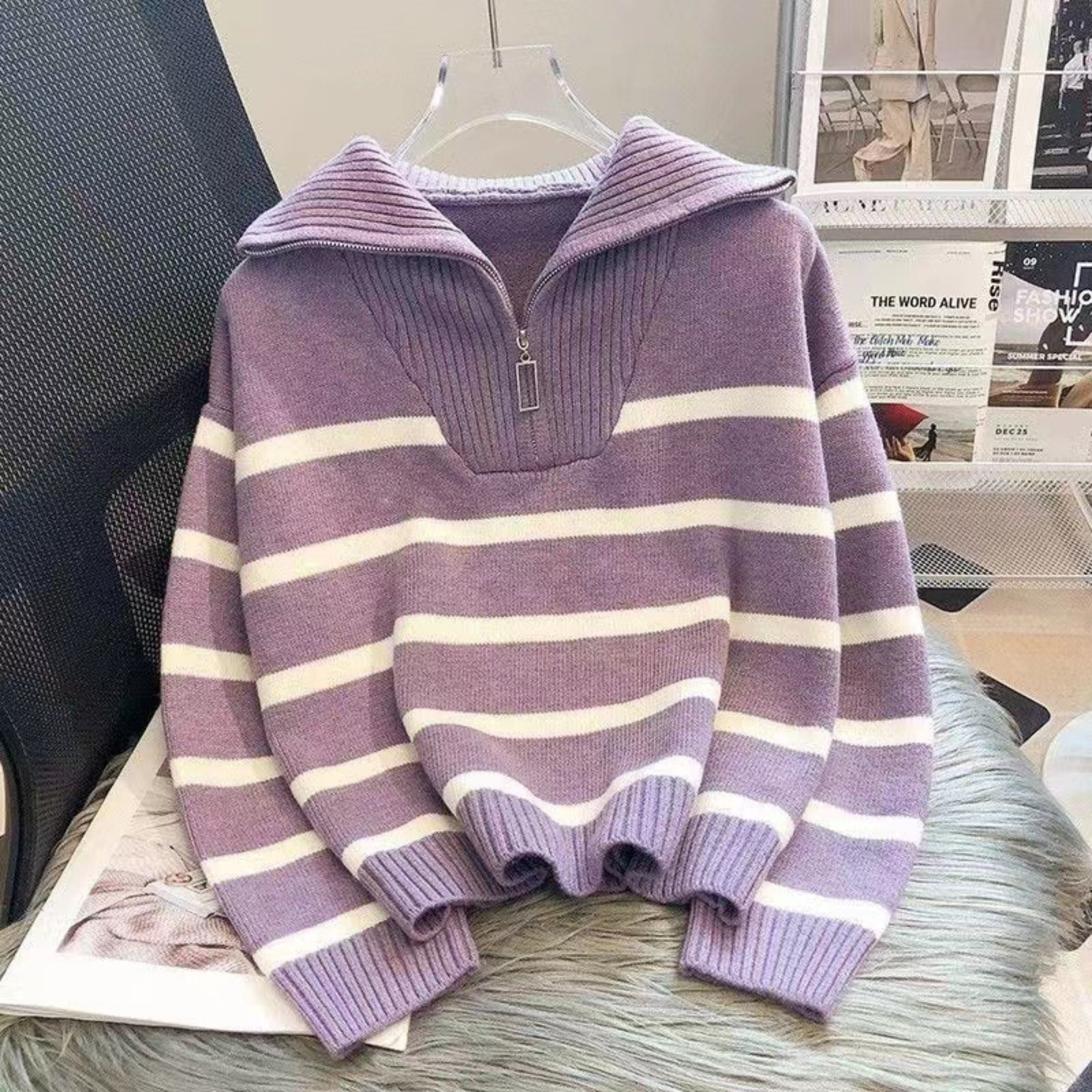 Nevaeh - Chic Striped Long Sleeve Collared Top