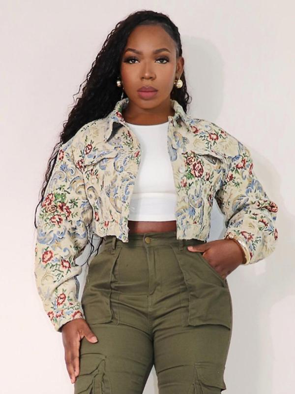 Sida - Chic Floral Print Crop Long Sleeve Jacket