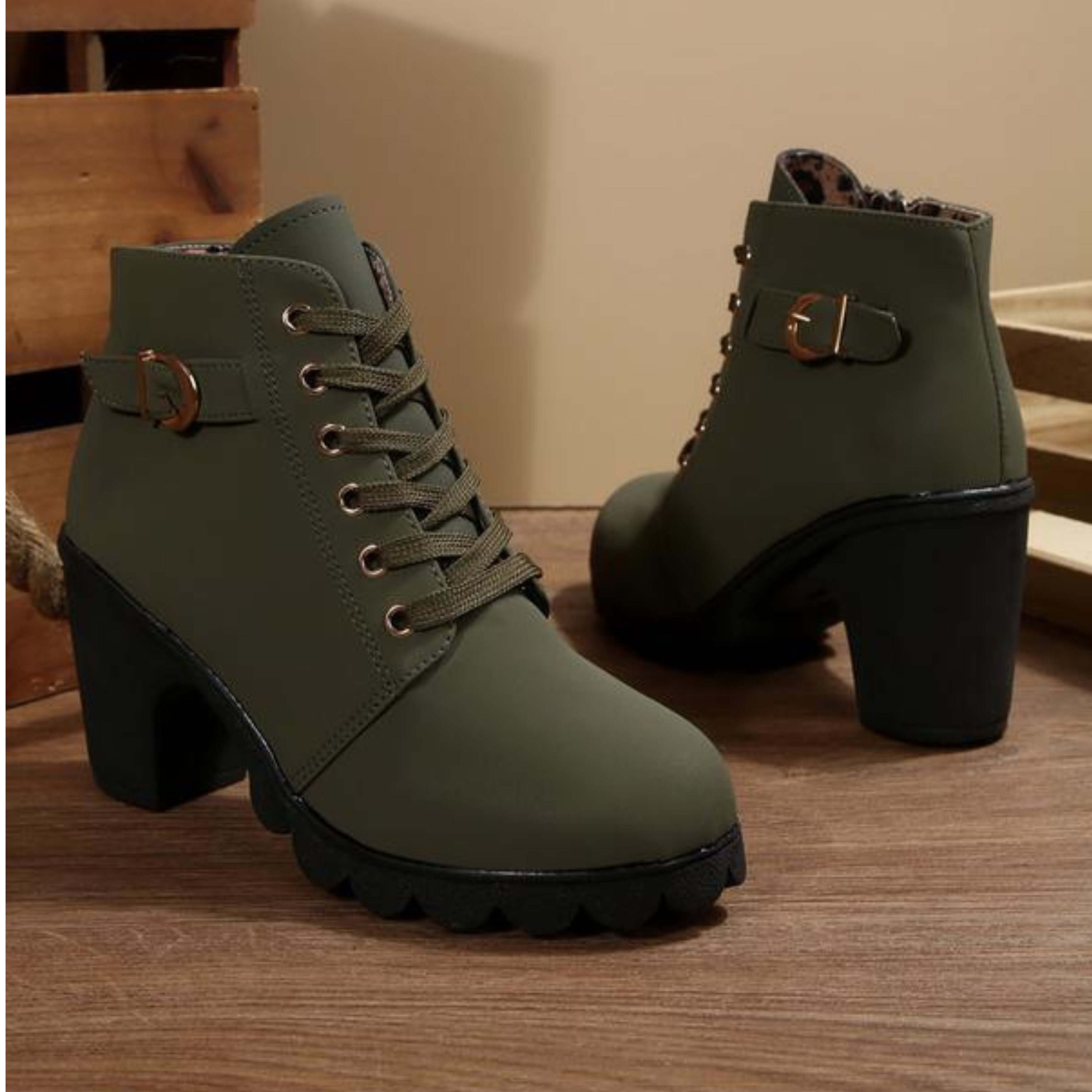 Katni - Chic Lace-Up Metal Buckle Chunky Ankle Boots