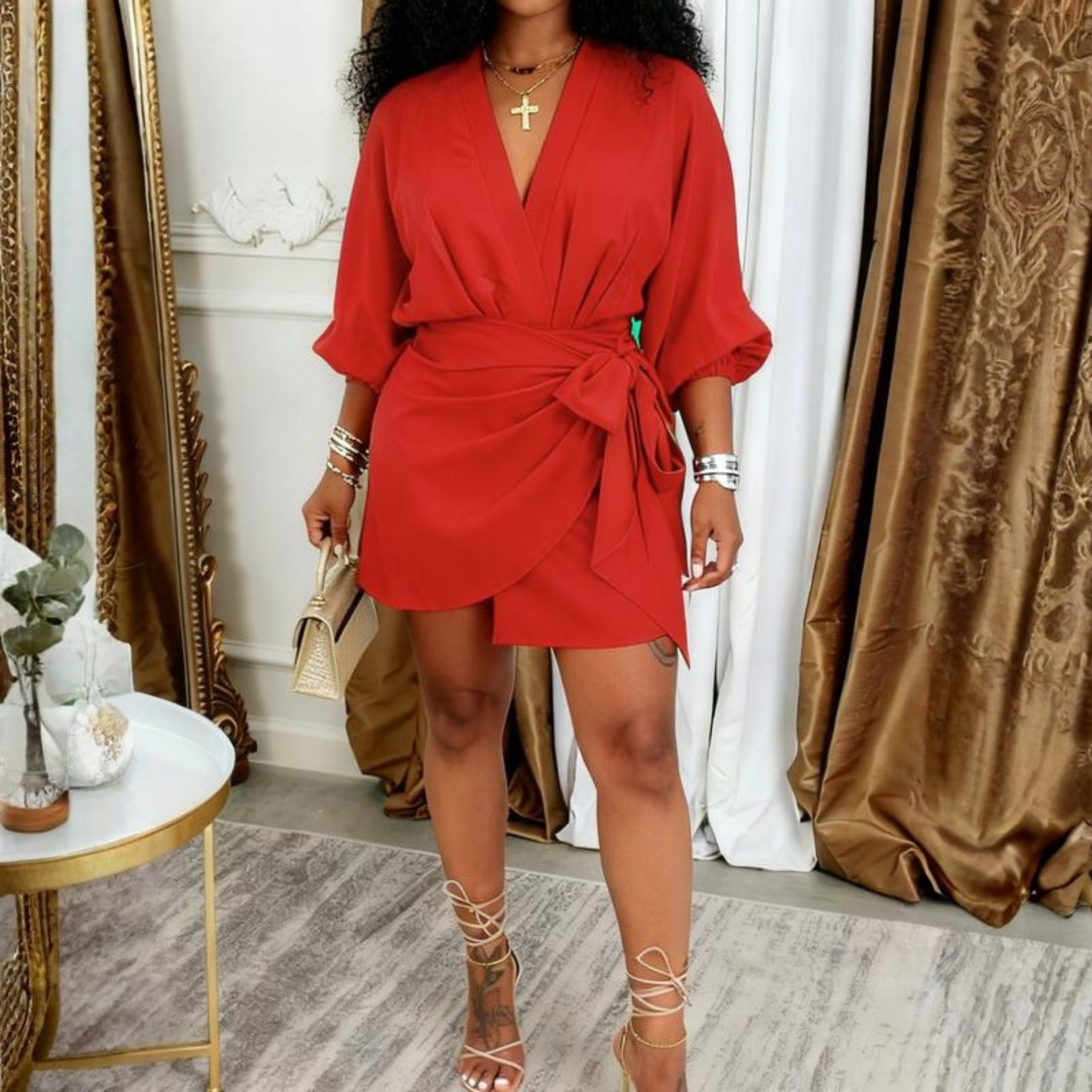 Jeiya - Chic Plain Side Tie Wrap V-Neck Bishop Party Mini Dress