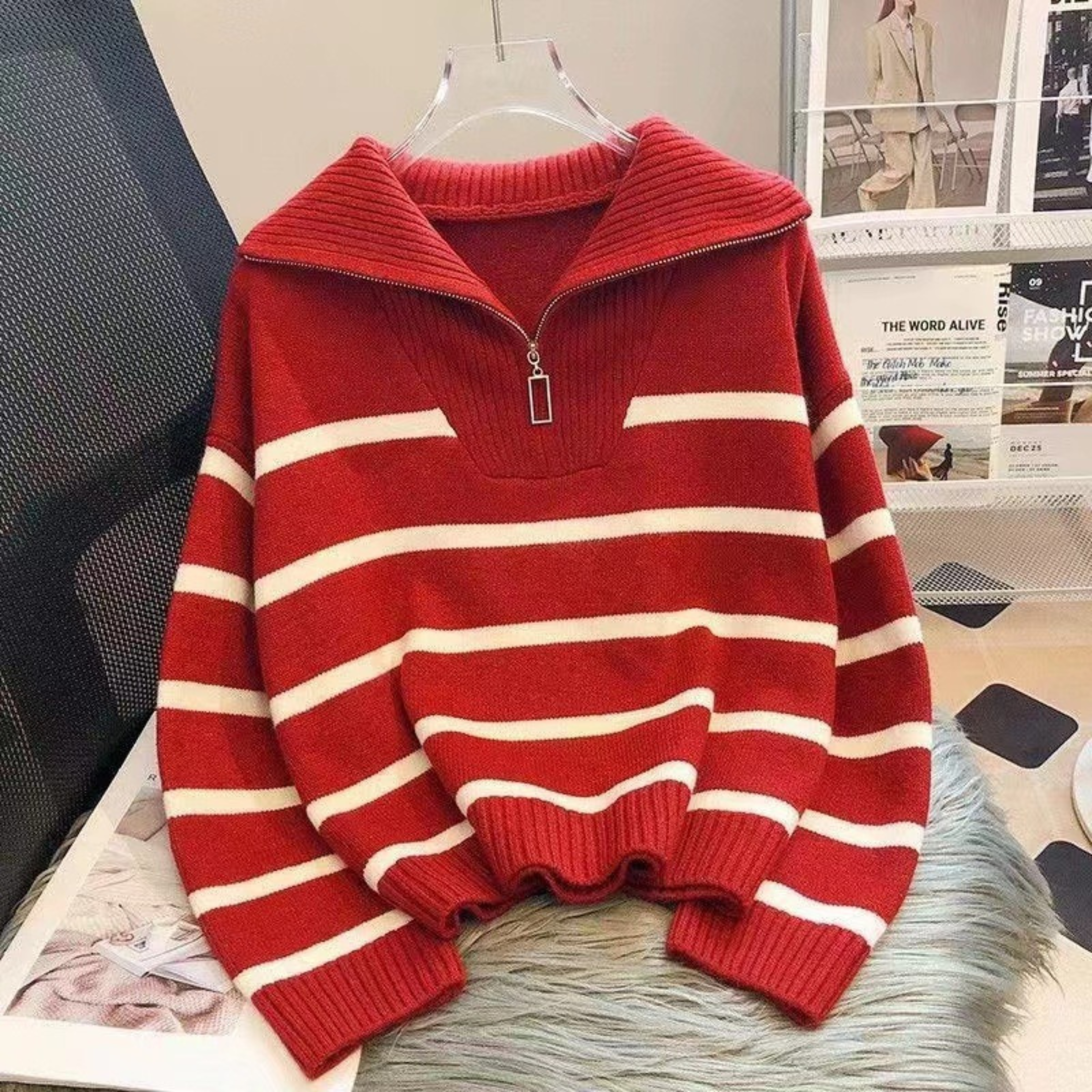 Nevaeh - Chic Striped Long Sleeve Collared Top