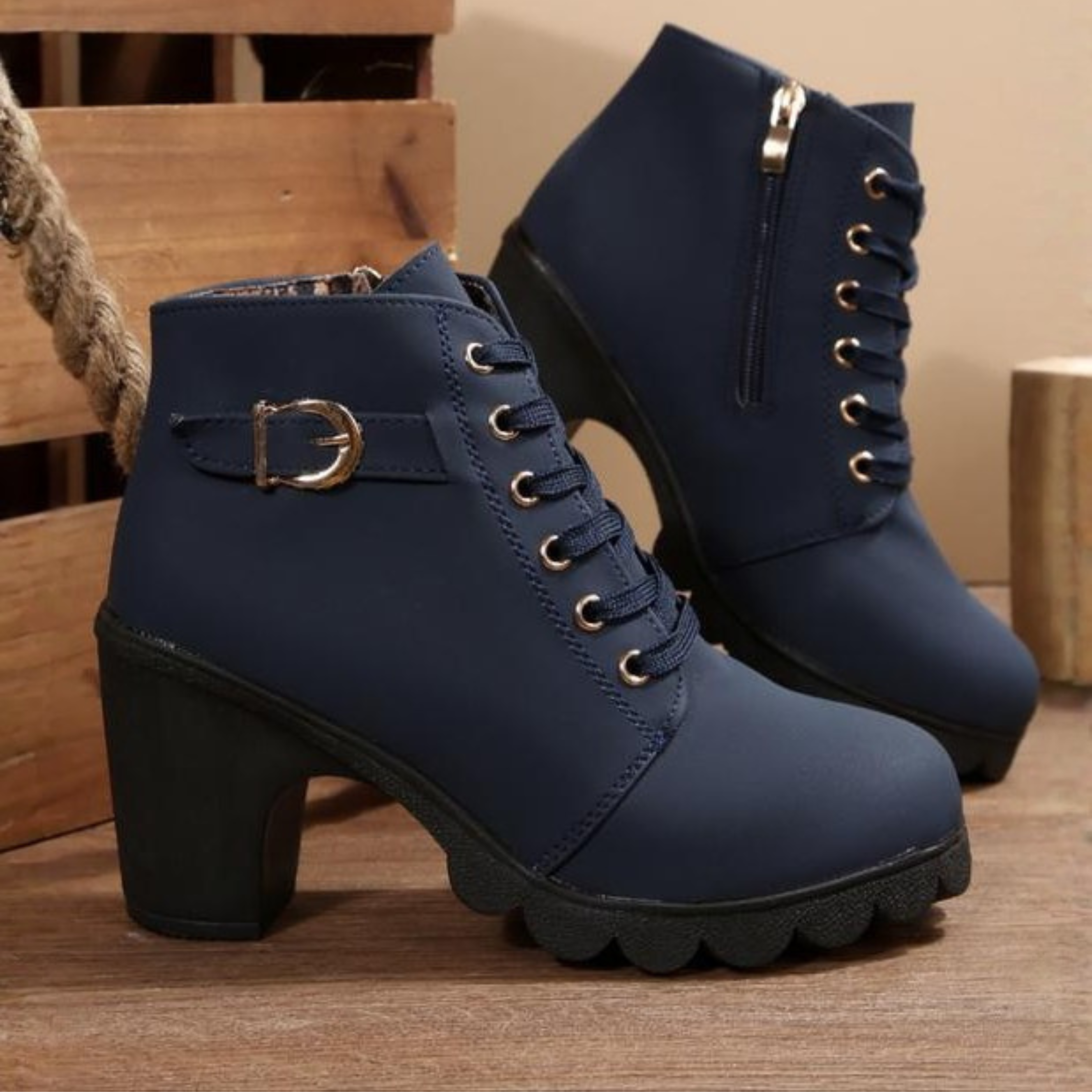 Katni - Chic Lace-Up Metal Buckle Chunky Ankle Boots