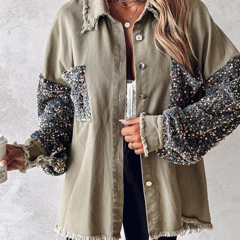 Nenita - Chic Oversized Sequin Hem Collared Button Down Jacket