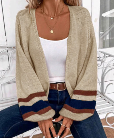 Janthe - Comfy Open Front Striped Lantern Sleeve Cardigan