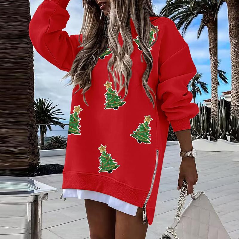 Julia - Festive Christmas Tree Pattern Pullover with Zipper Slit