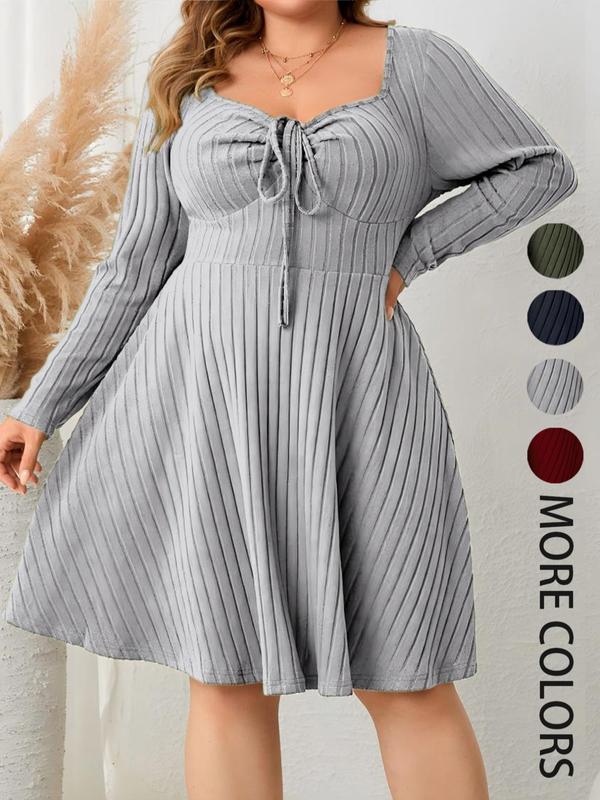 Kate - Plus Size Ribbed Sweetheart Neck A-Line Dress for Fall