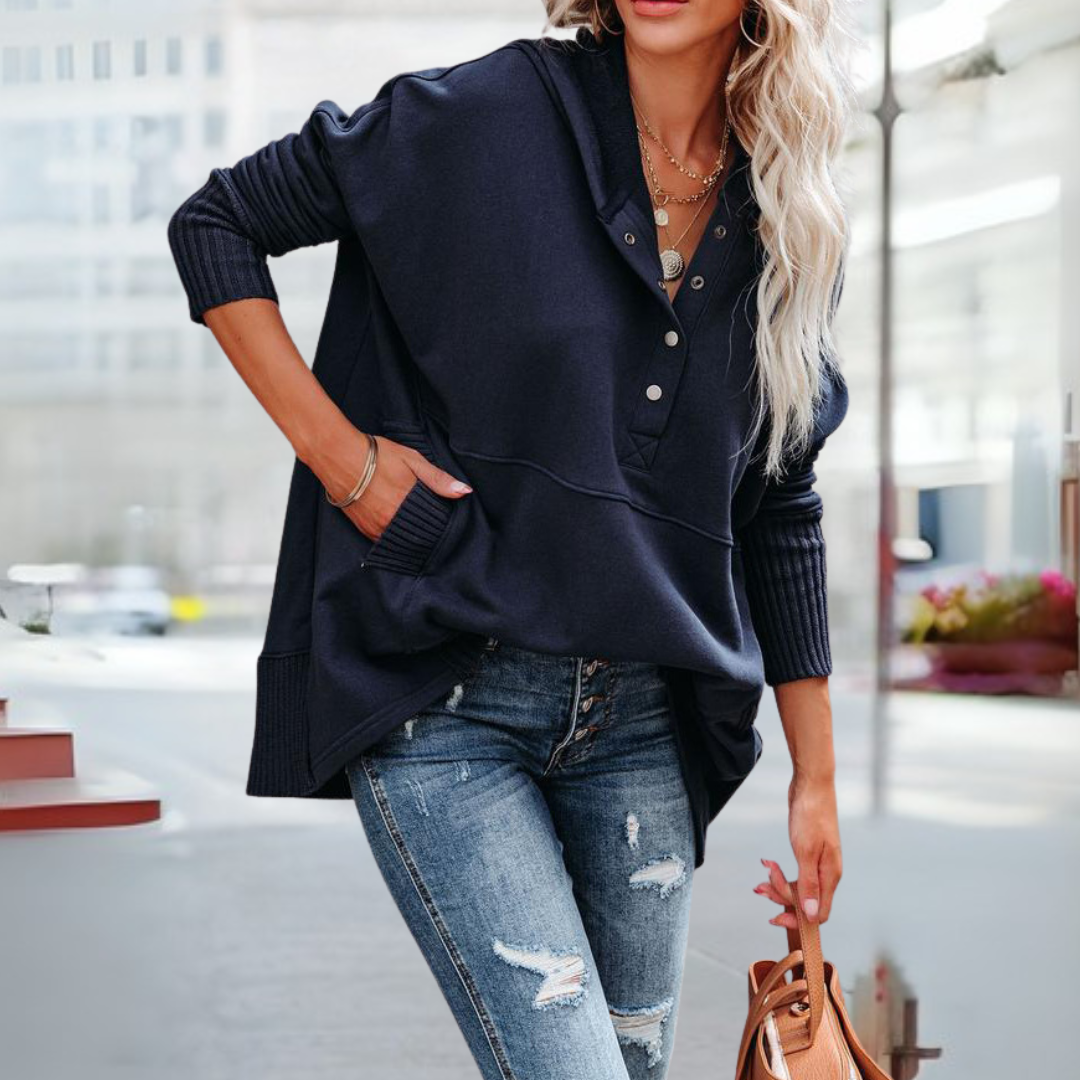 Soraya - Comfy Oversized Hoodie V-Neck Long Sleeve Sweatshirt
