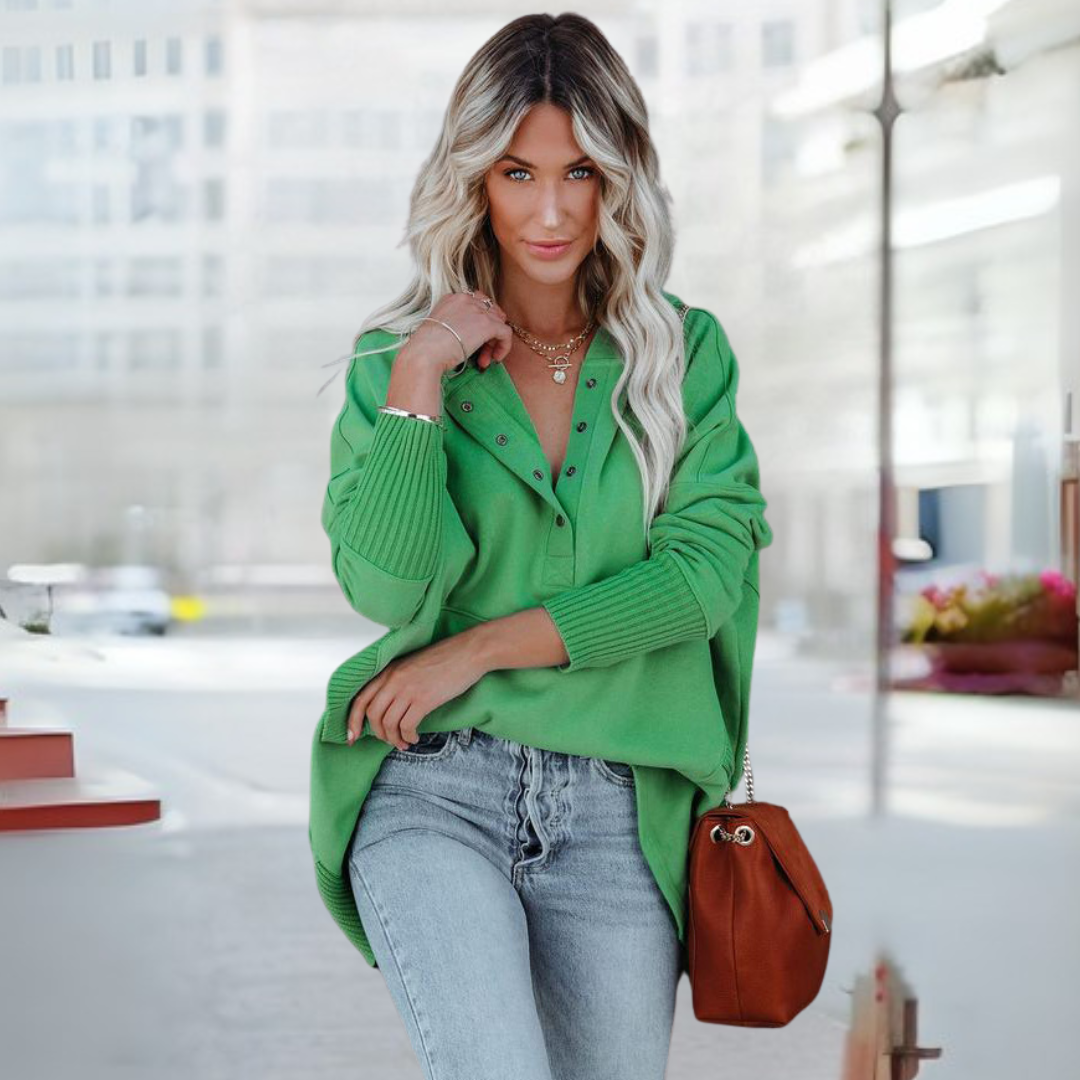 Soraya - Comfy Oversized Hoodie V-Neck Long Sleeve Sweatshirt
