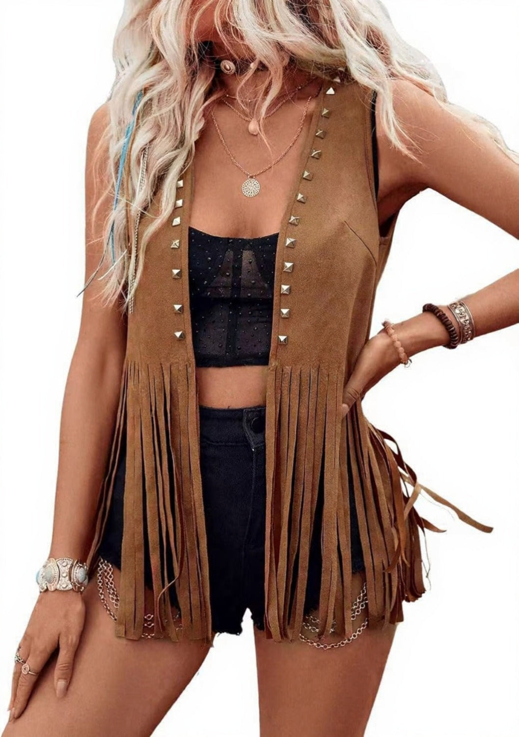 Dharna – Casual Open-Front Sleeveless Fringe Vest