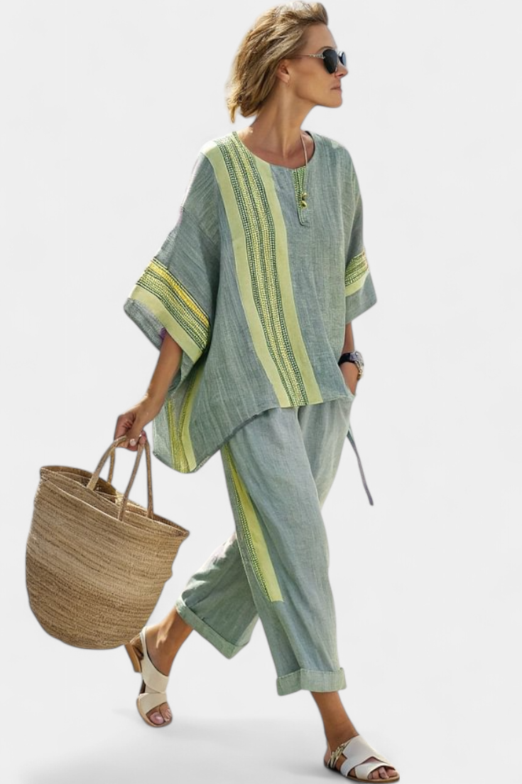Abigail – Elegant Lavender Top and Mustard Striped Trousers