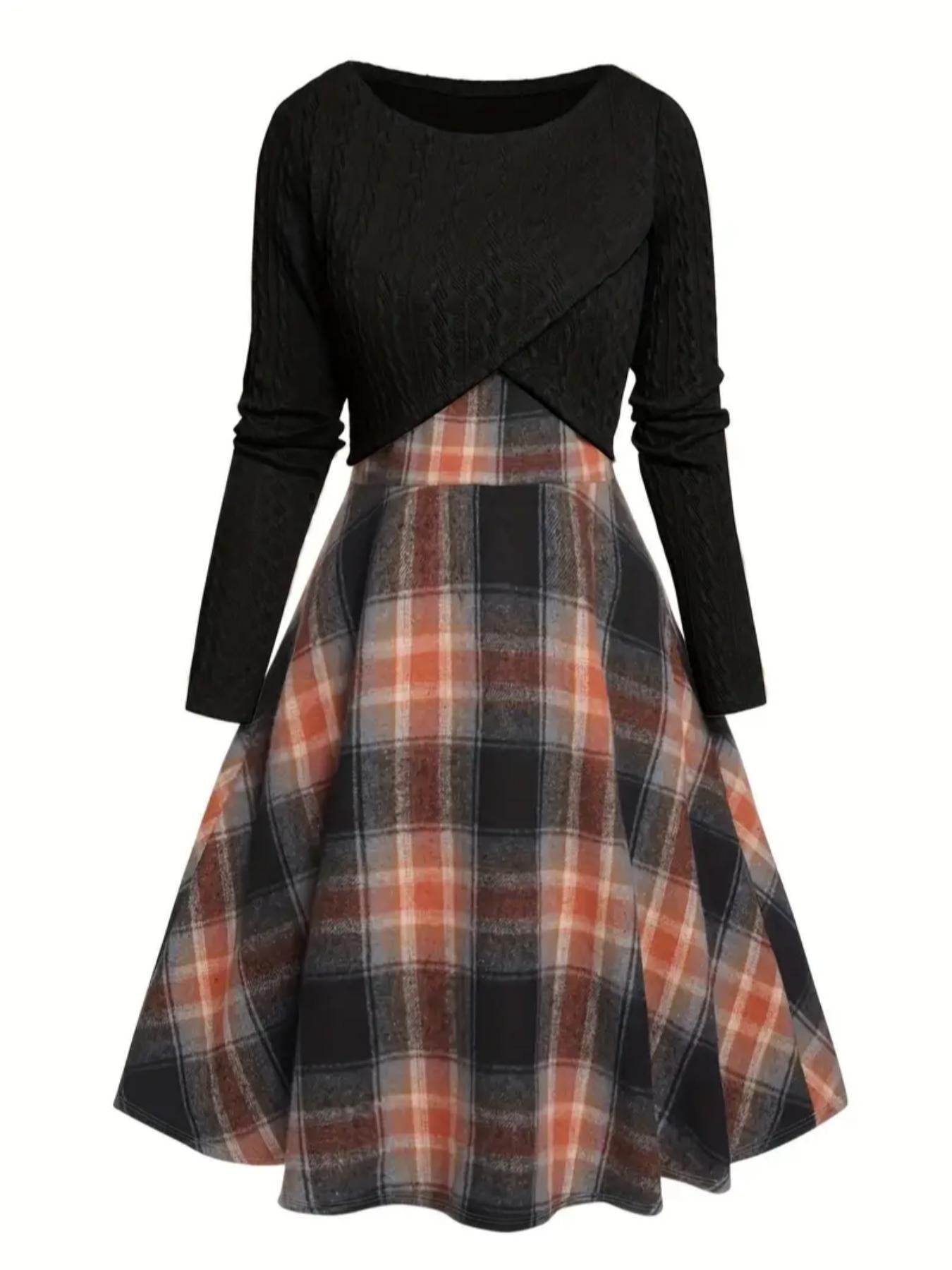 Jory - Vintage Round Neck Long Sleeve Crop Top and Plaid Dress