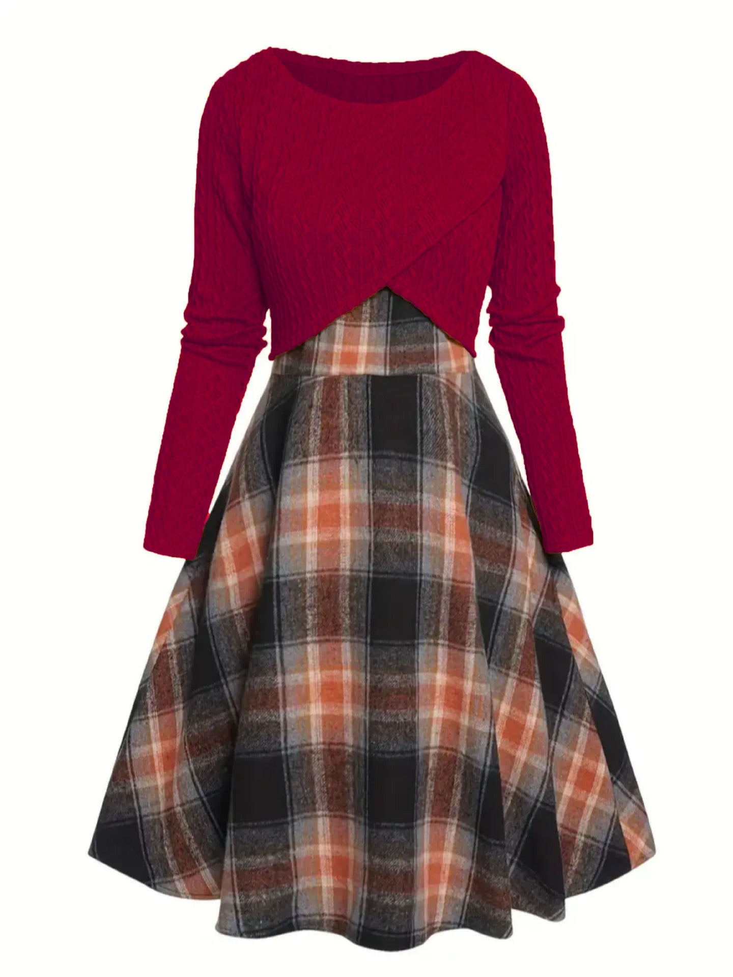 Jory - Vintage Round Neck Long Sleeve Crop Top and Plaid Dress