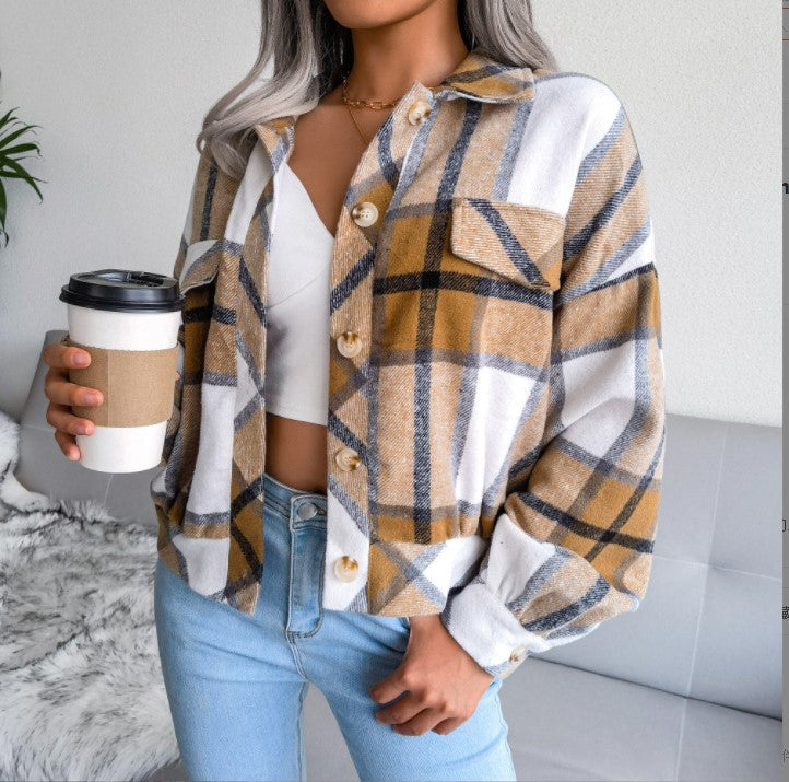 Wala - Casual Plaid Button Front Long Sleeve Jacket